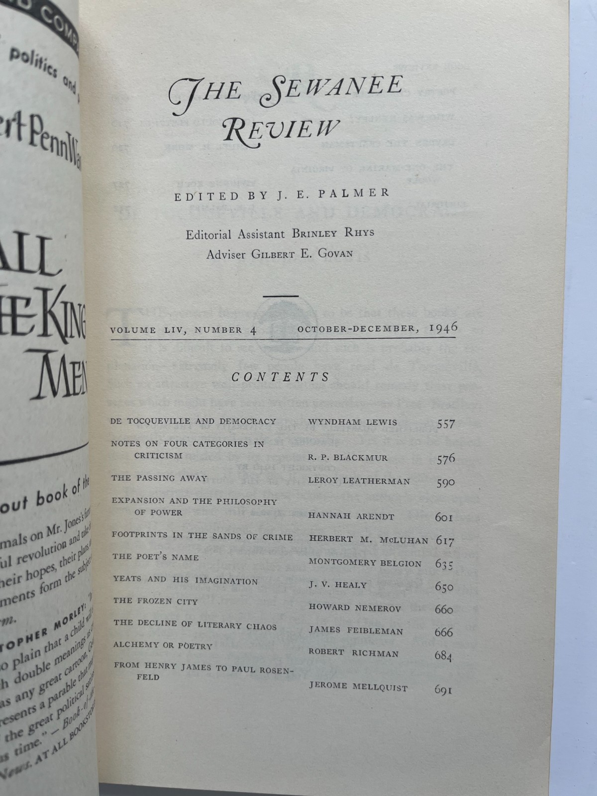 1946 MARSHALL MCLUHAN, Hannah Arendt, Wyndham Lewis ~ Sewanee Review