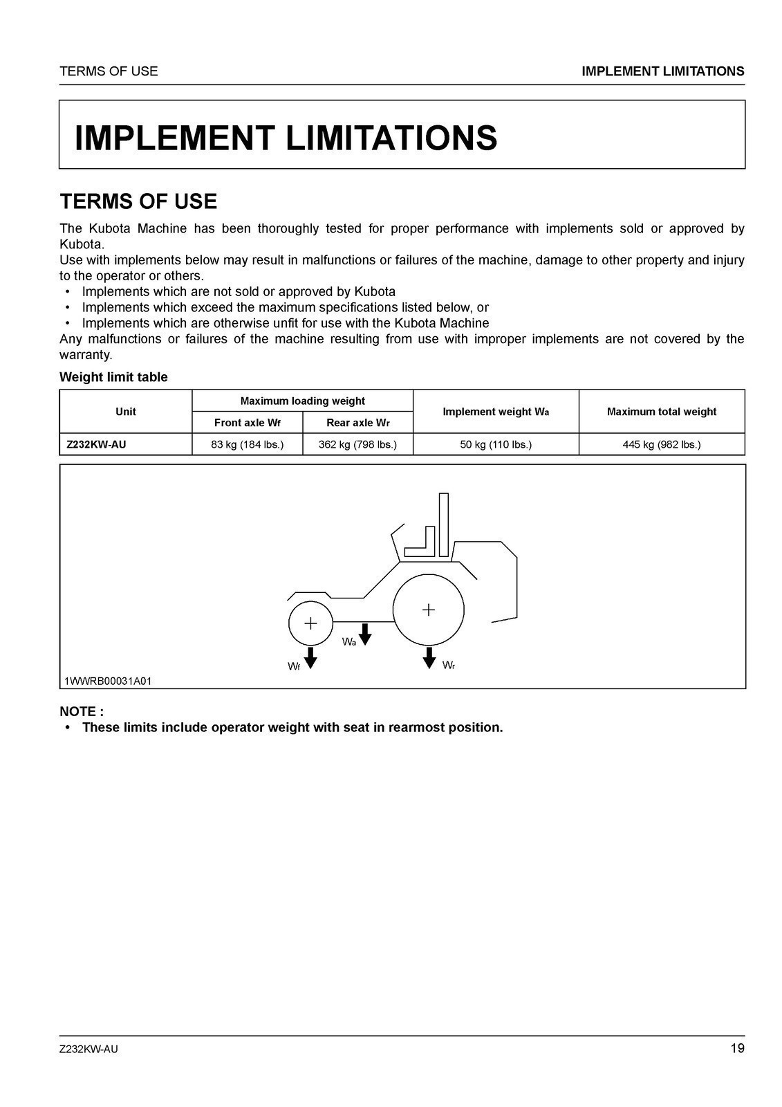 KUBOTA Z232KW-AU ZERO TURN MOWER OPERATORS MANUAL – SPIRAL BIND – TOUGH COVERING