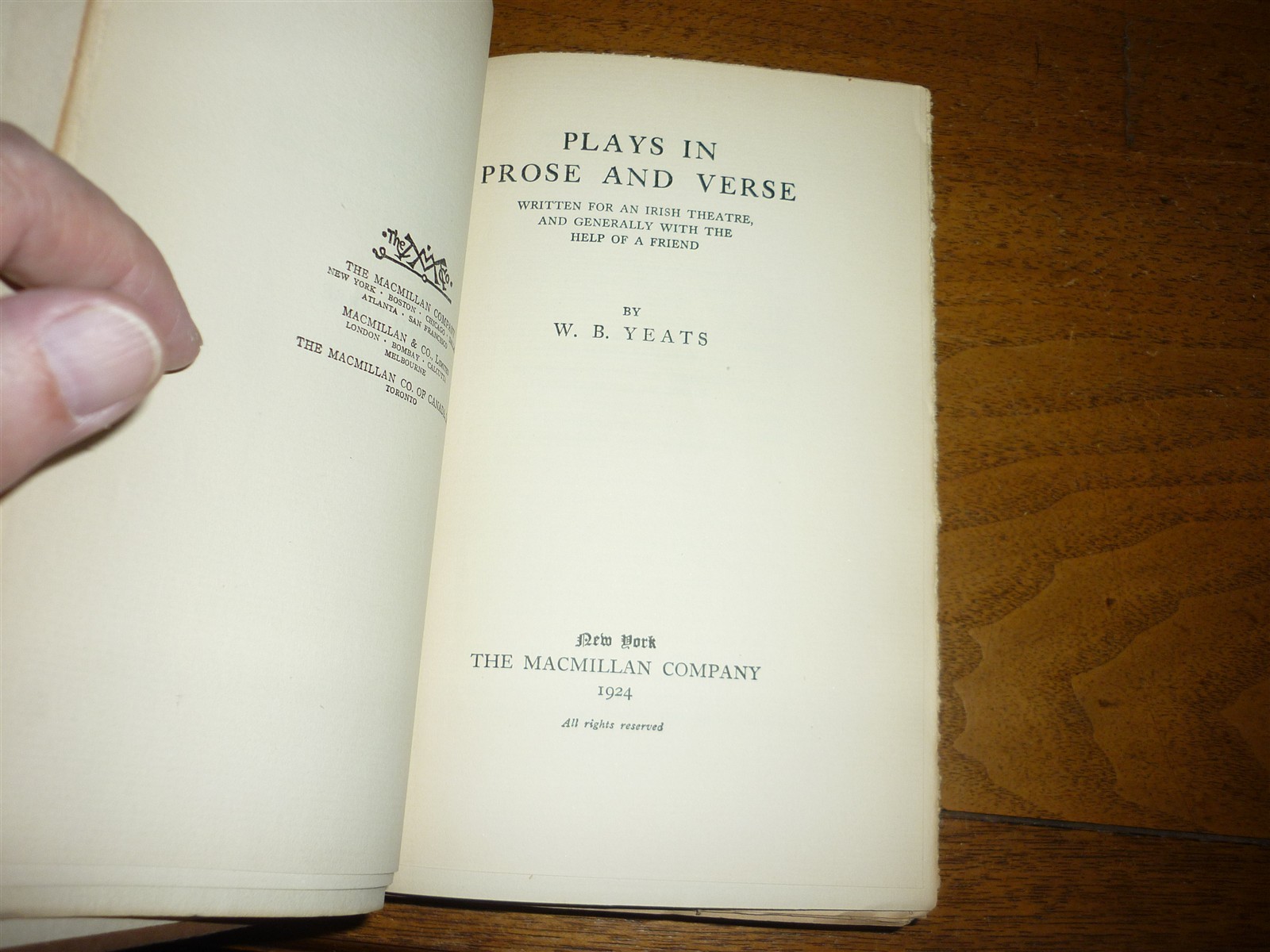 W B Yeats. Plays in Prose and Verse. 1924. No.229/250 signed by Yeats. VG+ copy.