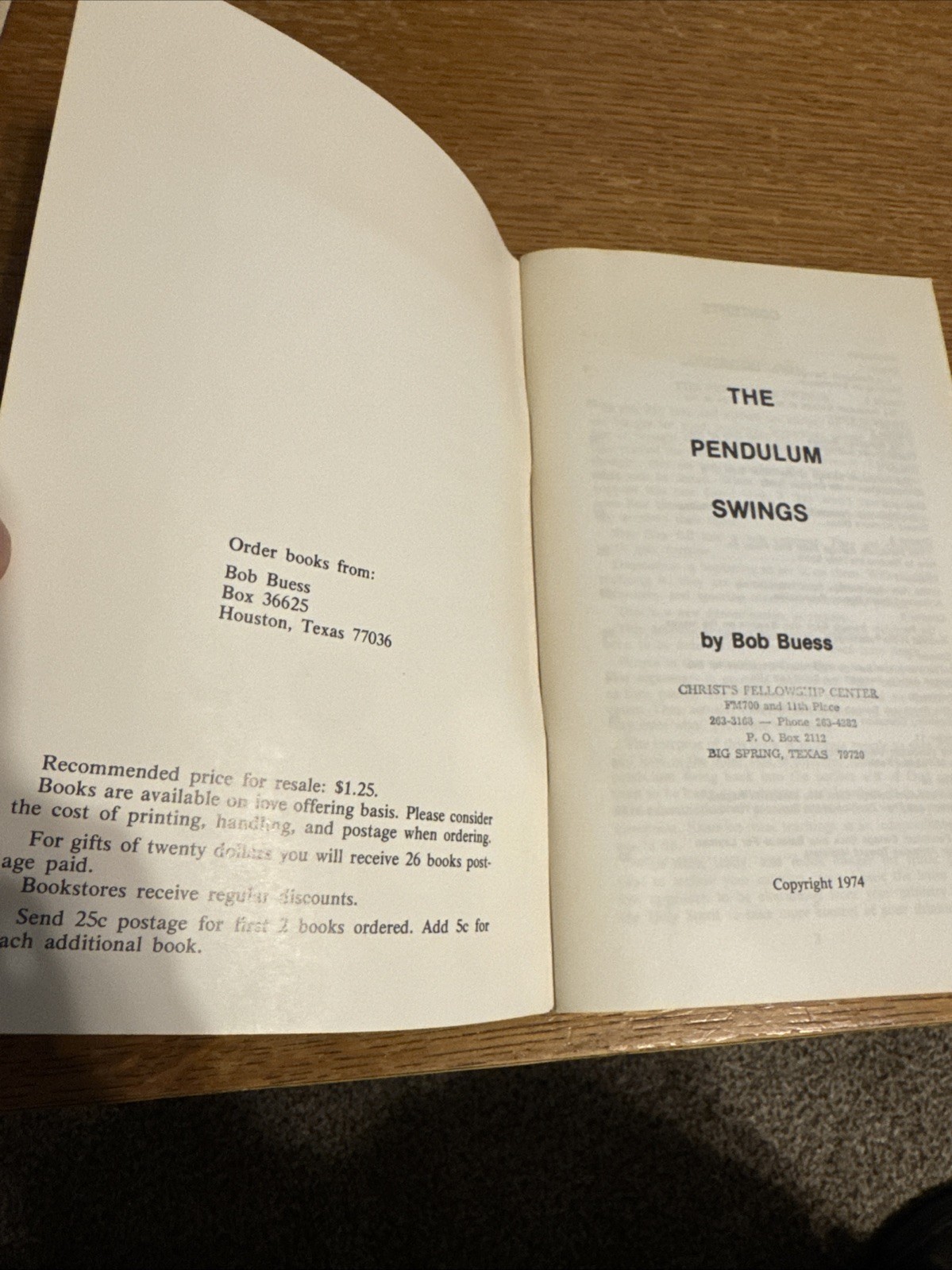 The Pendulum Swings – Bob Buess – Van, Texas – 1974 – Paperback – 92 pages