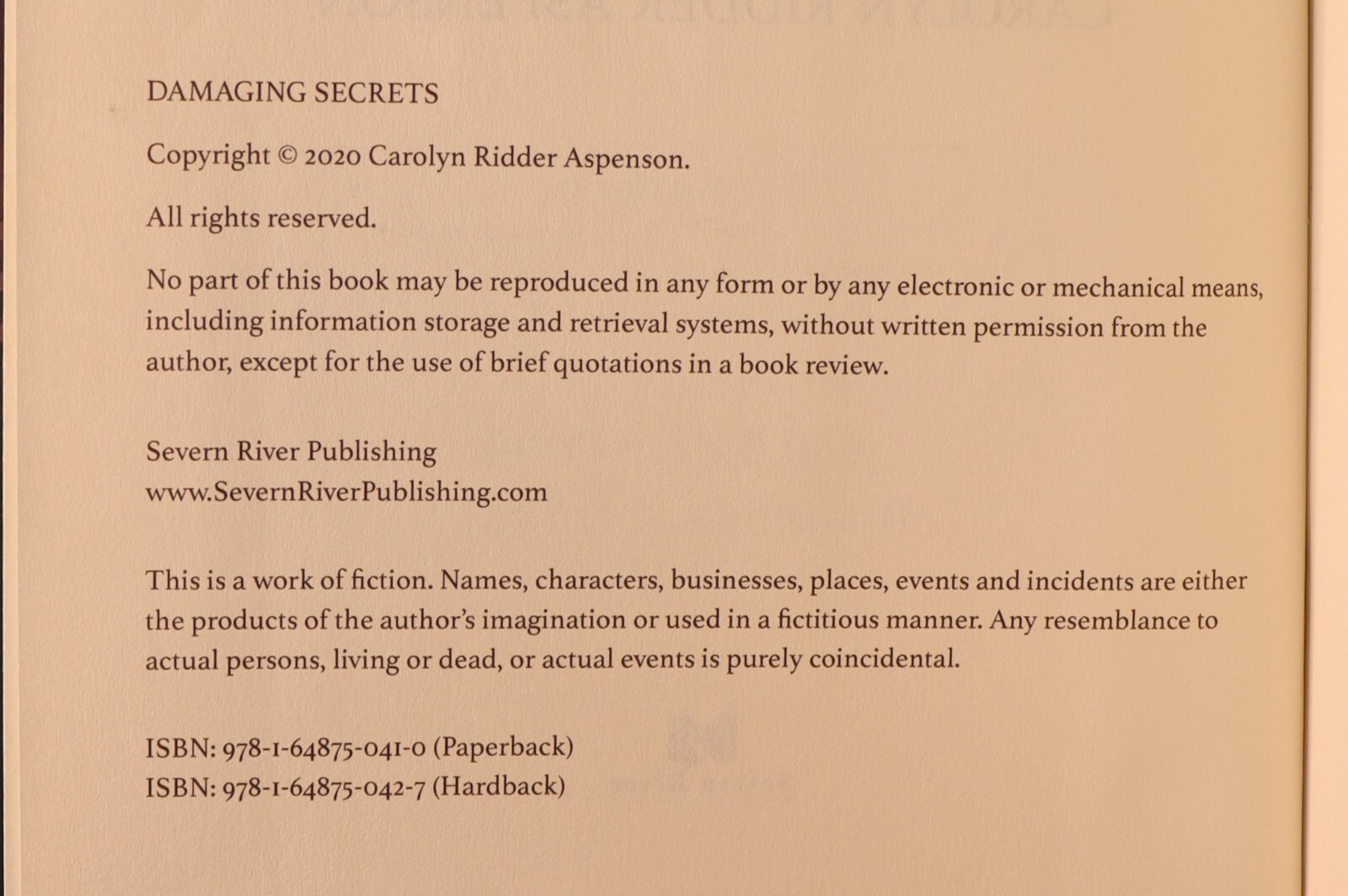 Damaging Secrets (Rachel Ryder) by Carolyn Ridder Aspenson 2021 9781648750427