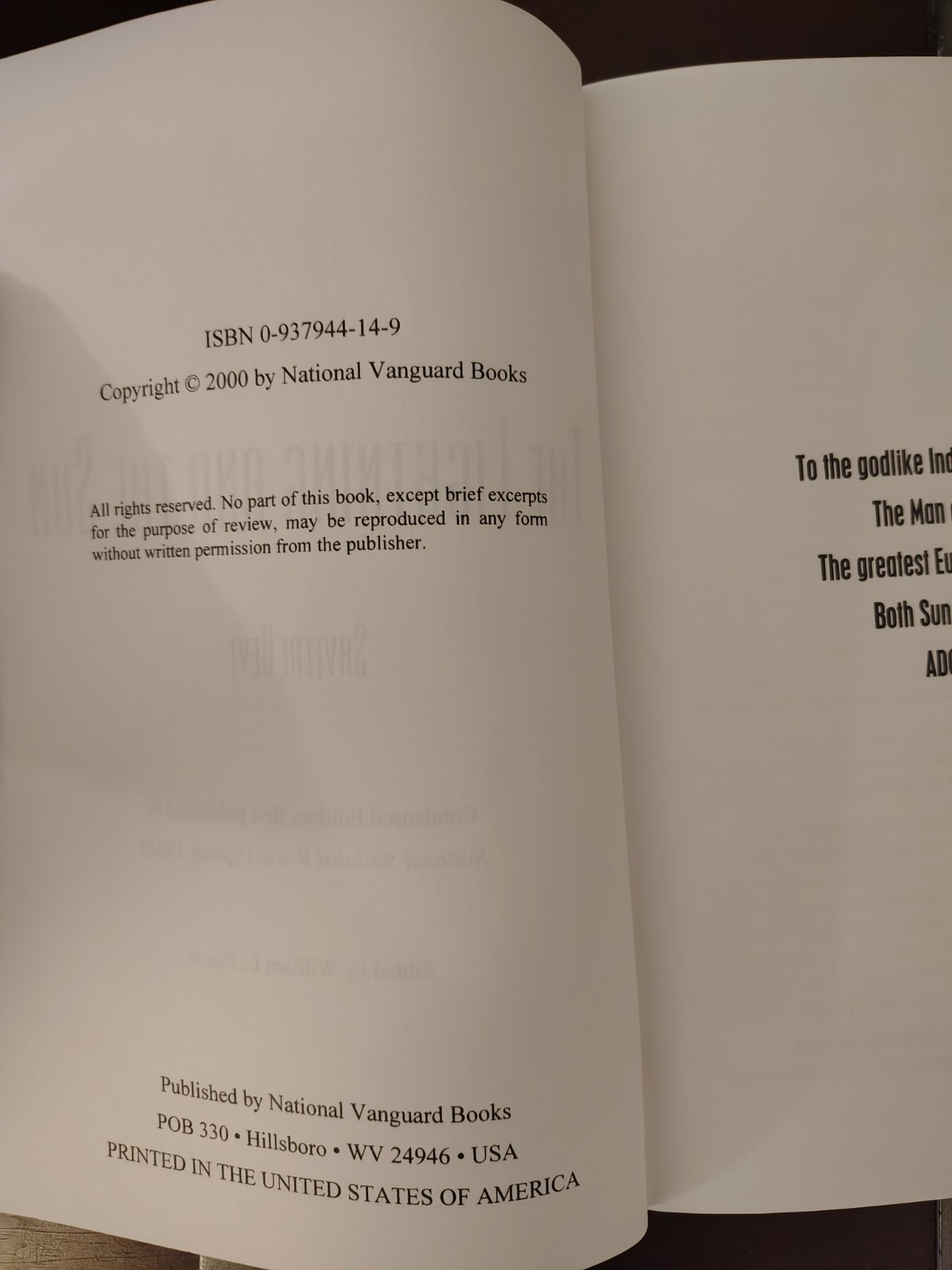 RARE OUT OF PRINT The Lightning And The Sun, Savitri Devi, National Vanguard