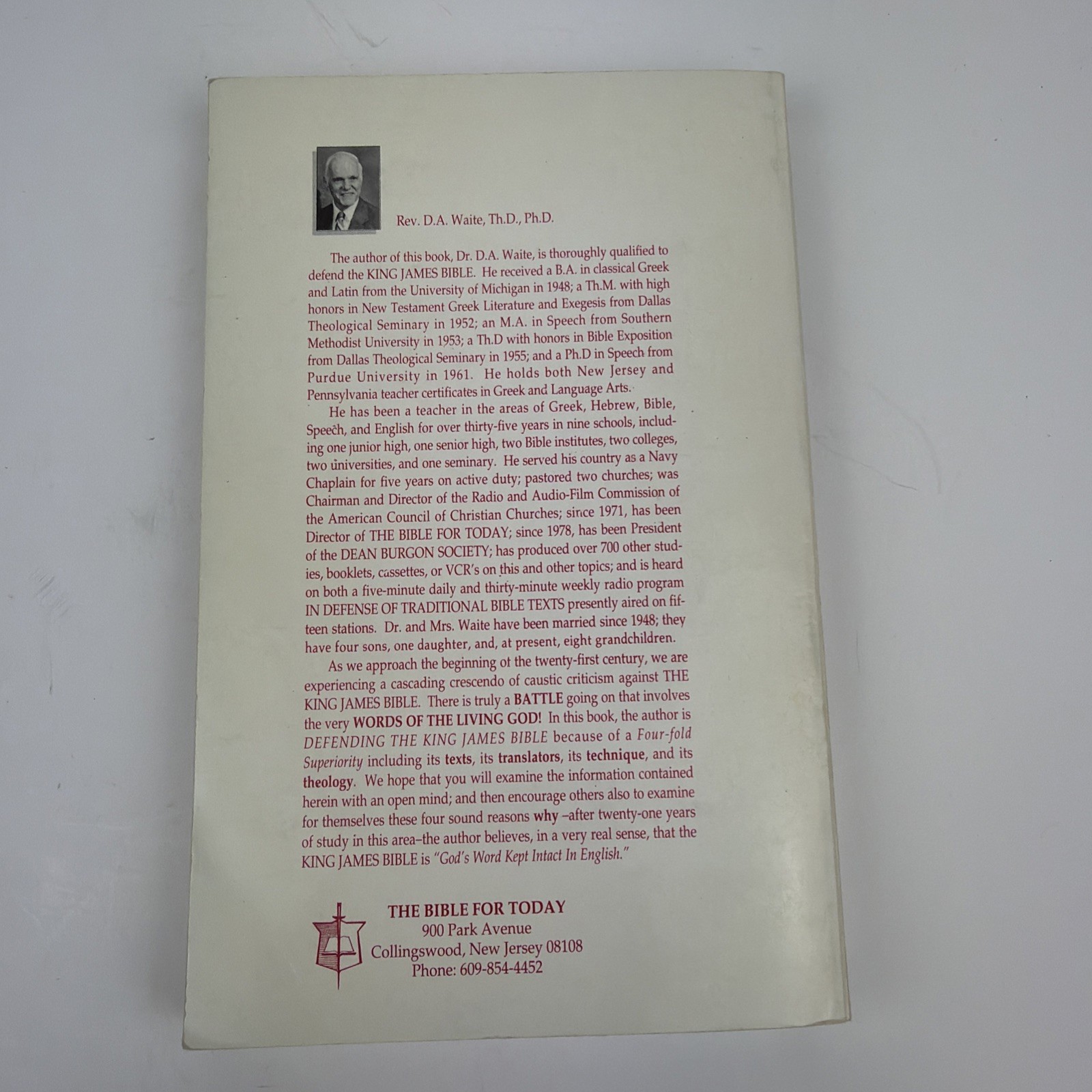 Defending The King James Bible D.A. Waite KJV Superiority 1994 3rd Printing PB