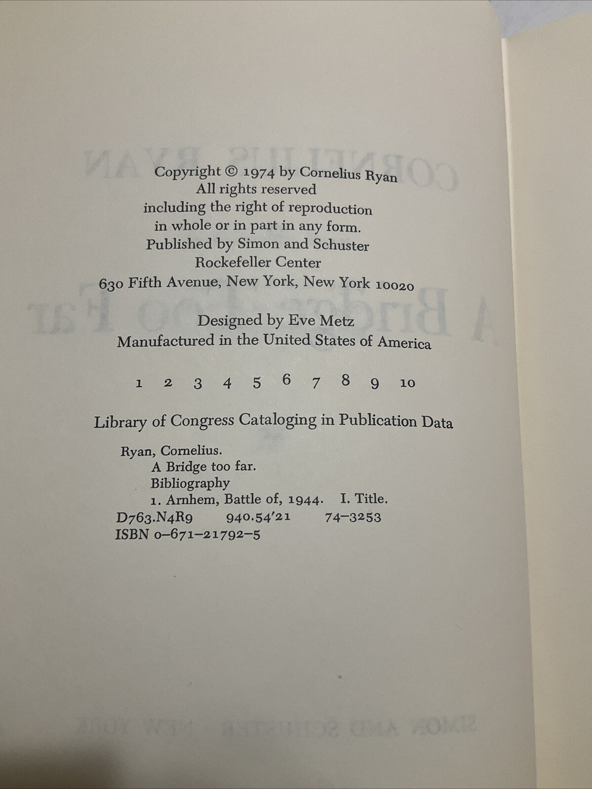 A Bridge Too Far by Cornelius Ryan 1974 HC/DJ