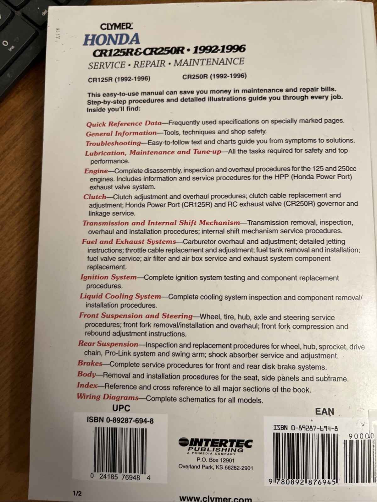 Honda CR125R and 250R, 1992-1996 by J. G. Ferguson Publishing Company Staff…