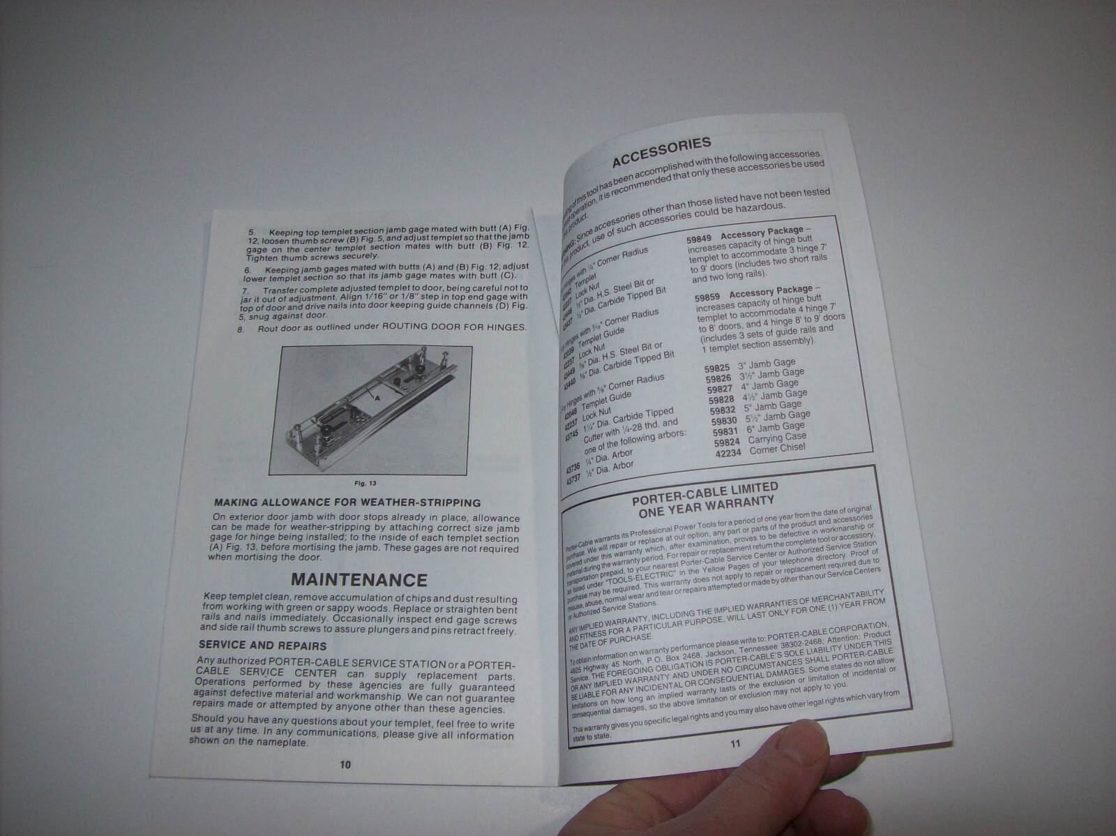 Porter Cable Hinge Butt Templet Model #59380 Instruction Manual, x