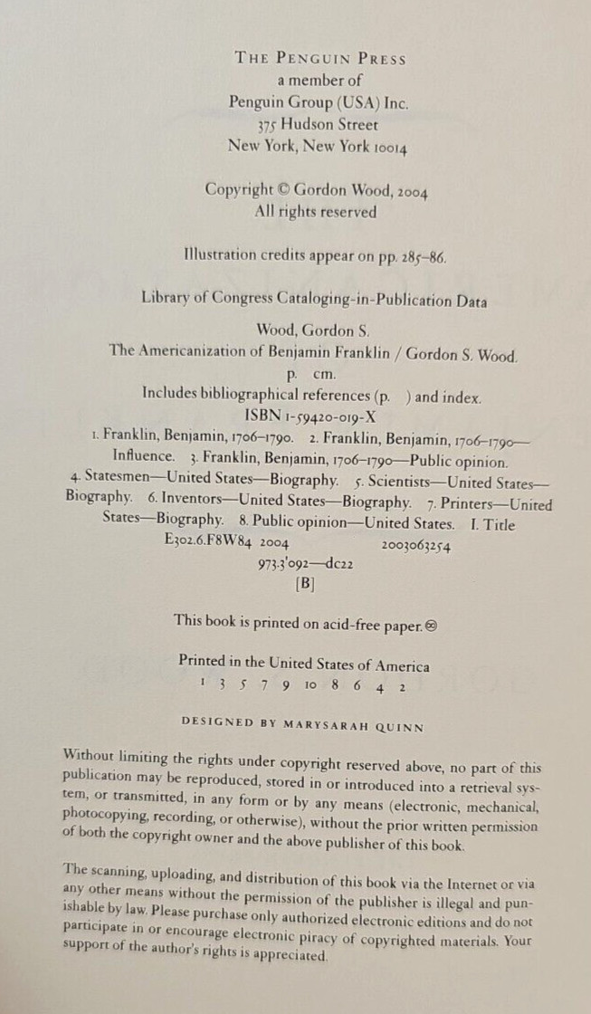 Americanization of Benjamin Franklin by Gordon S. Wood HC Book 1st US Edition