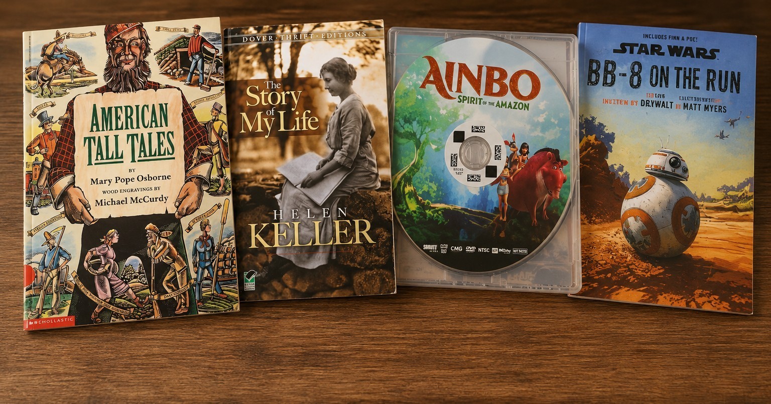 Kids Book W/dvd (Star Wars BB-8, Helen Keller, American Tall Tales & Ainbo)