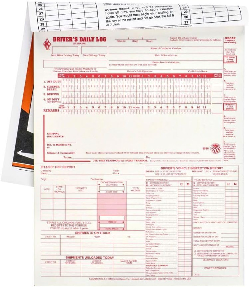 5-in-1 Driver Daily Log Book 5 Pack, Book Format with 31 Sets, 2-Ply Carbonless,