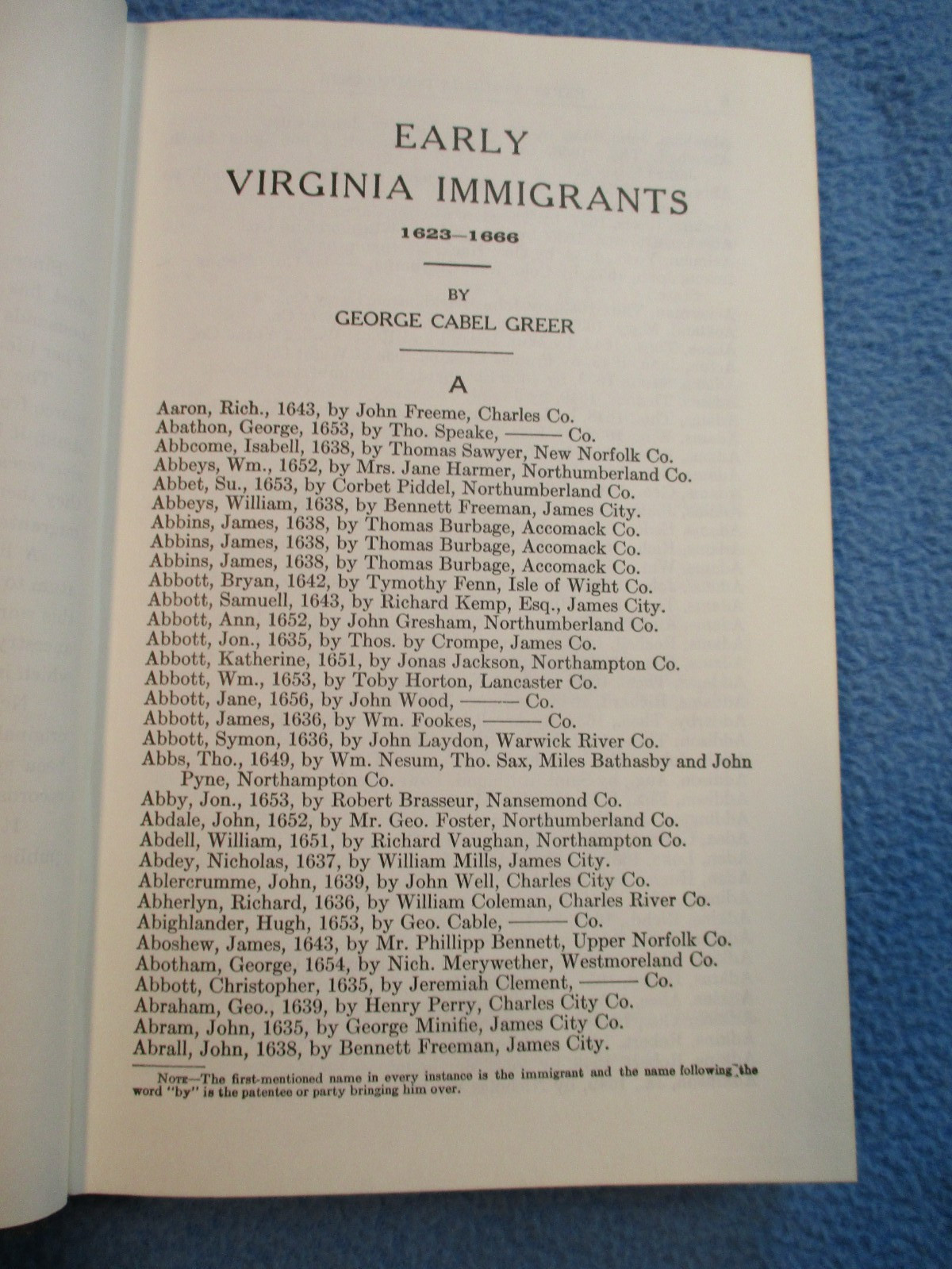 “Early Virginia Immigrants 1623 – 1666” – by George Cabell Greer, Geneology Help