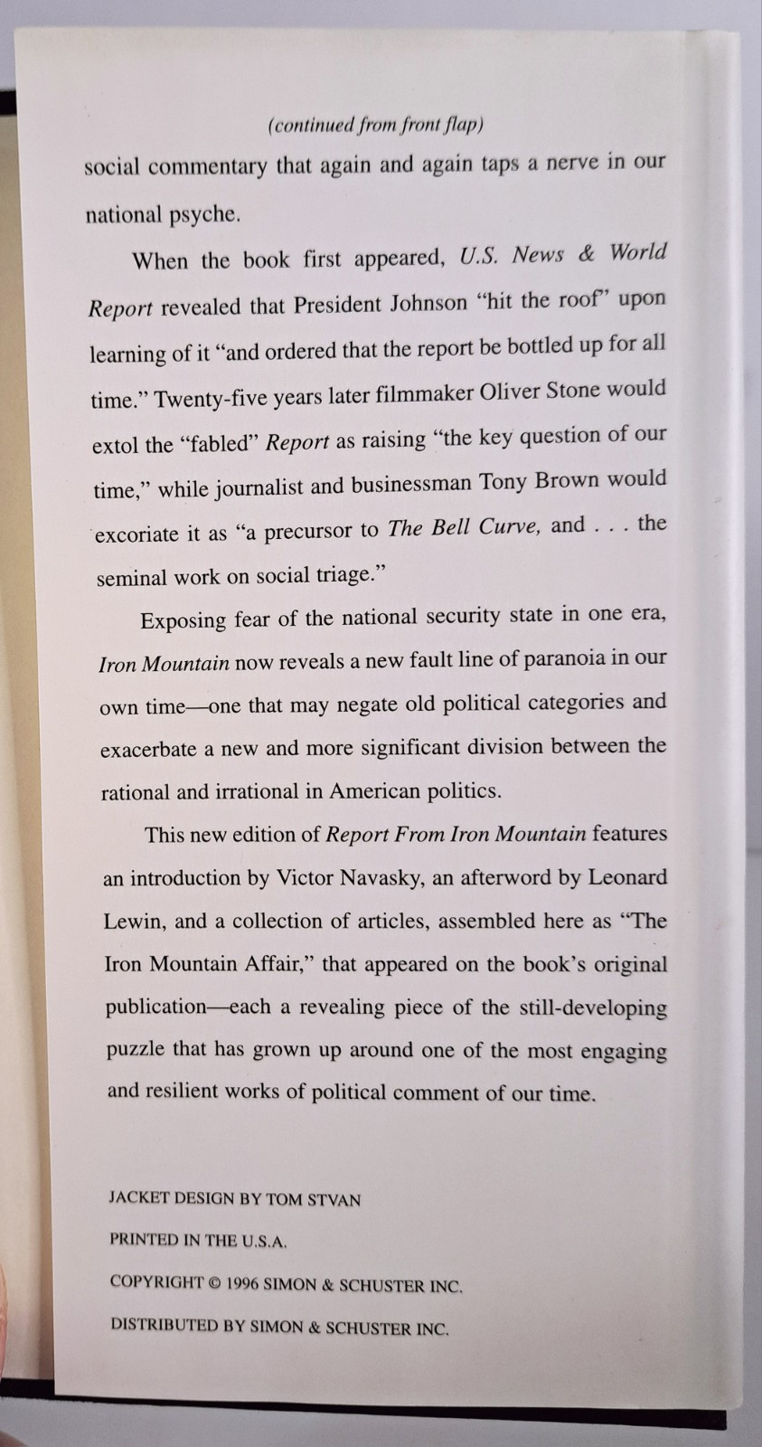 Report From Iron Mountain | Leonard C. Lewin ~ The Free Press HC 1996 Satire