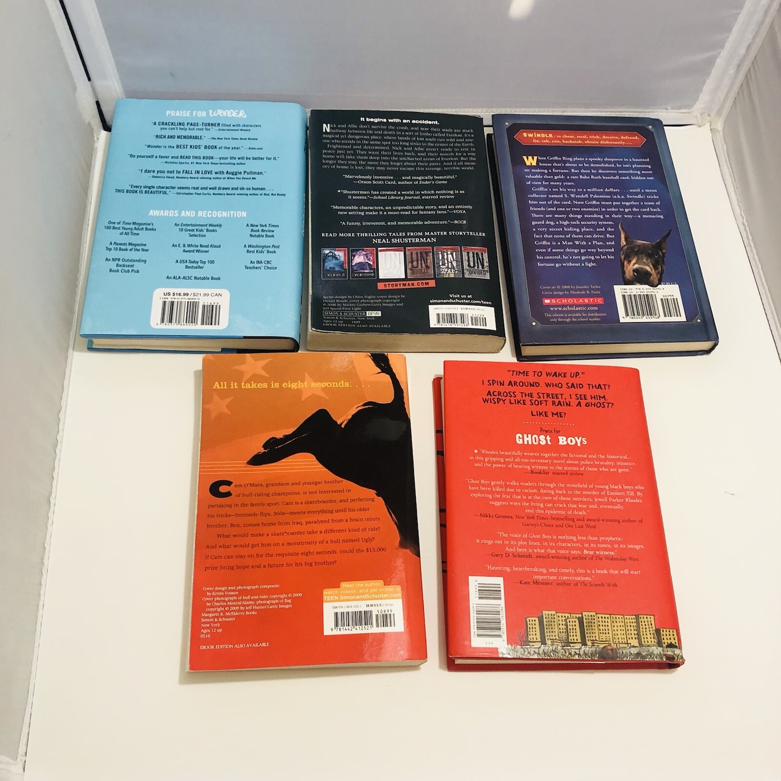 Teen Boys Book Lot Of 5 Fiction Wonder, Ever Lost, Swindle, Bull Rider,Ghost Boy