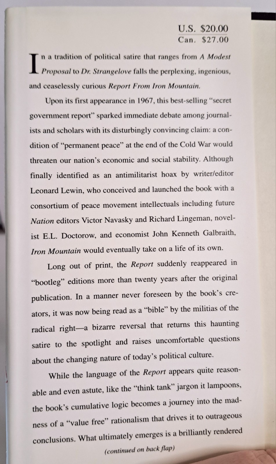 Report From Iron Mountain | Leonard C. Lewin ~ The Free Press HC 1996 Satire