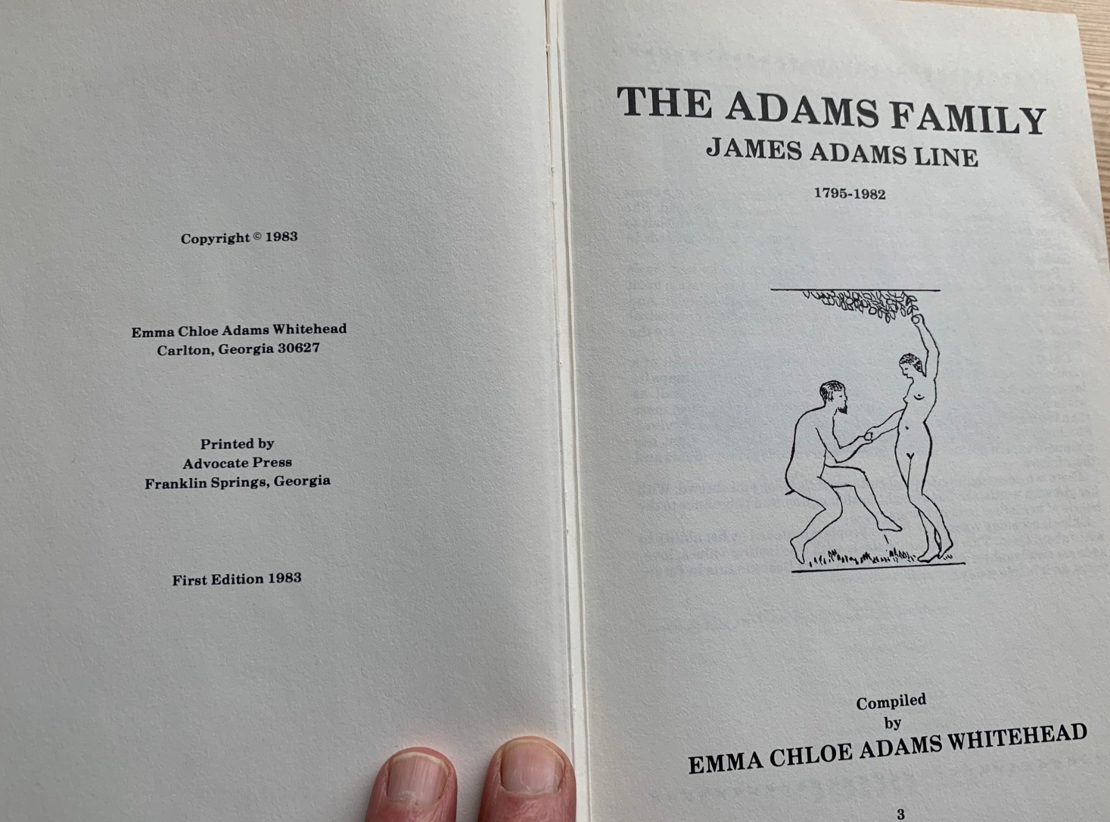 Book, Family History and Genealogy. James Adams line, 1795-1982.