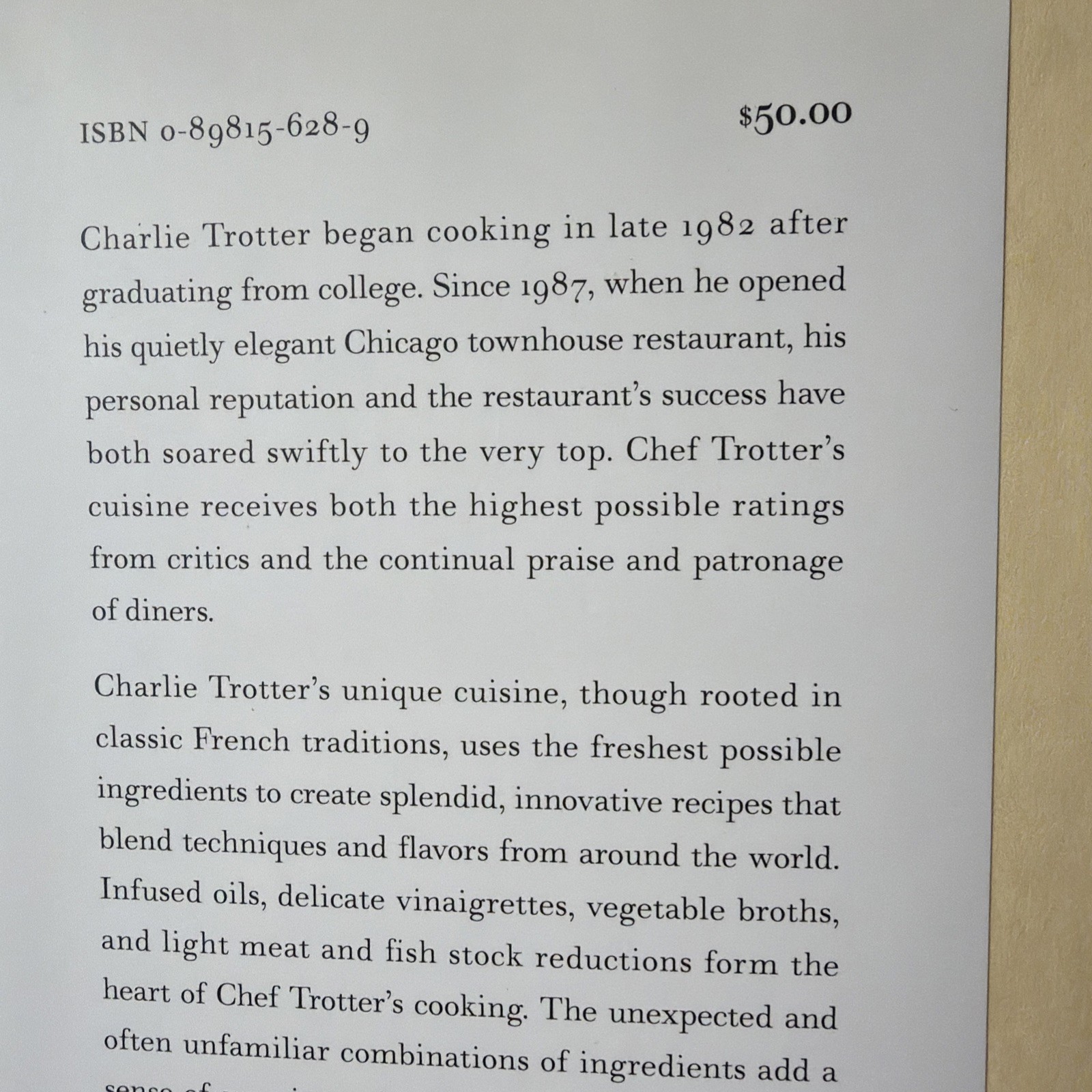 Vintage 1994 Charlie Trotter’s Cookbook Chicago Hardcover Ten Speed Press
