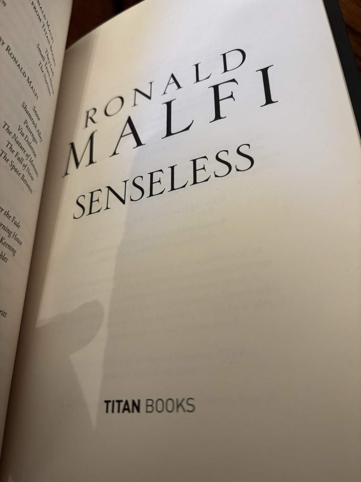 Senseless. Ronald Malfi 1st HC Ptg. Titan Books 2025 Fine Unread