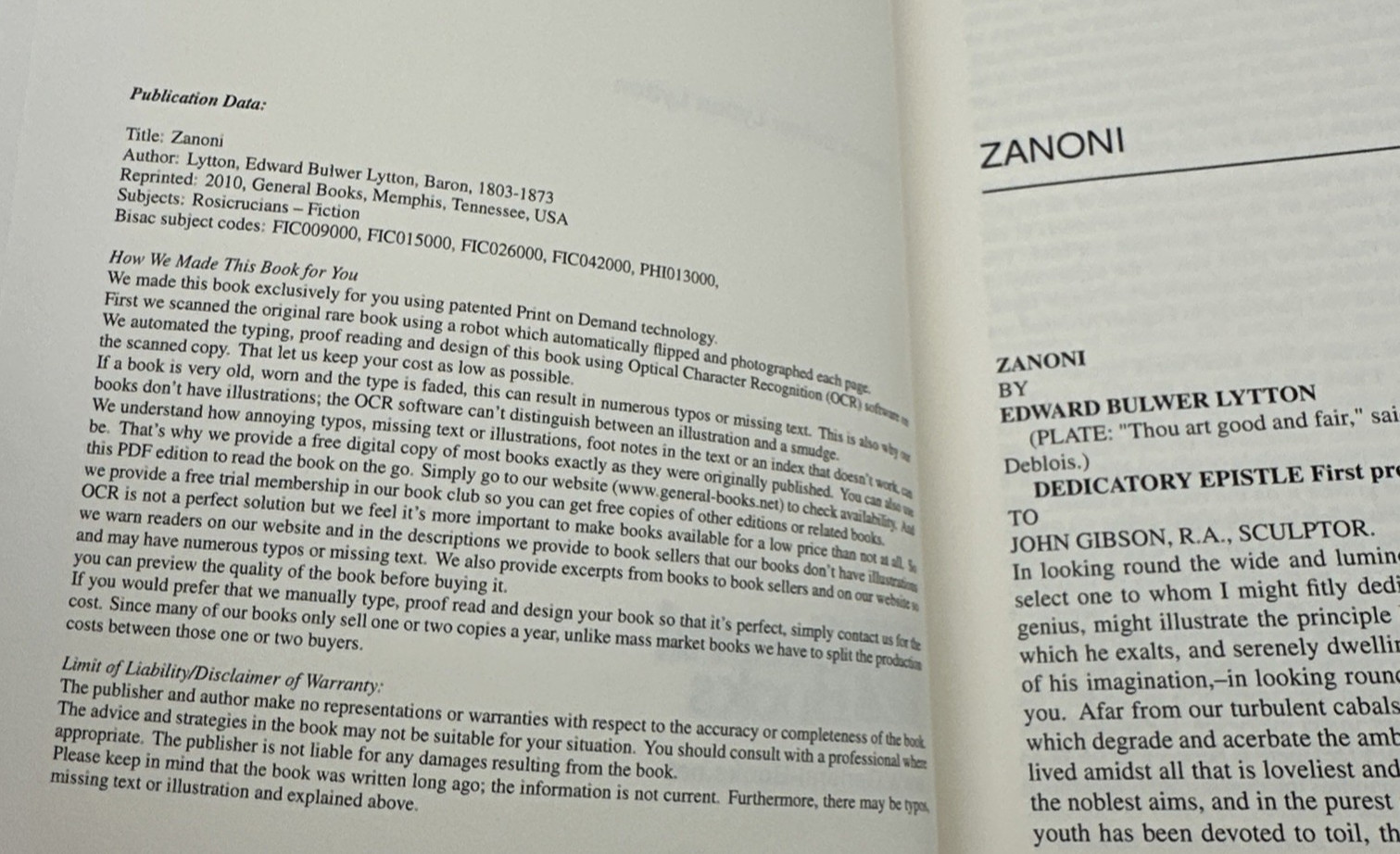 Zanoni Edward Bulwer Lytton Trade Paperback 2010 Reprint Ex Library