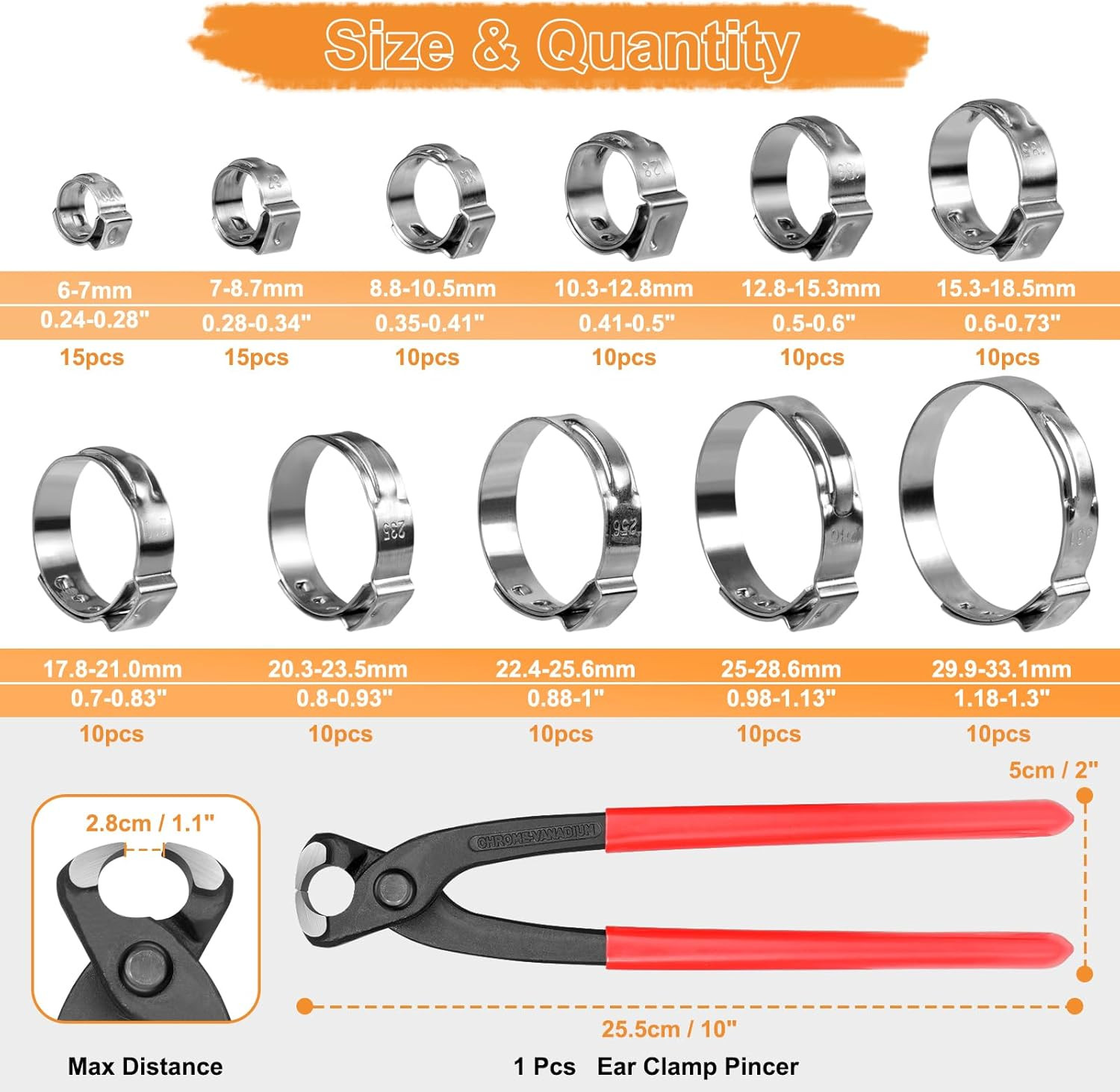 120PCS 11 Sizes 304 Stainless Steel Single Ear Hose Clamps Assortment Kit