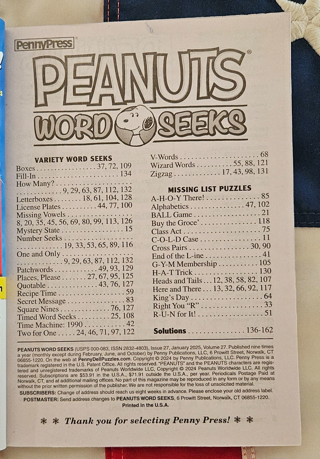 Lot 2 Penny Press Dell Peanuts Charlie Brown Word Search Seek Apr & May 2024