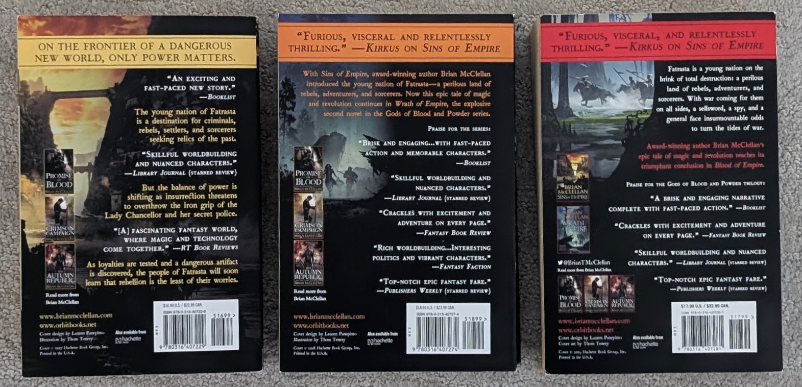 Brian McClellan = GODS OF BLOOD AND POWER = 3 softcovers – Blood + Wrath + Sins