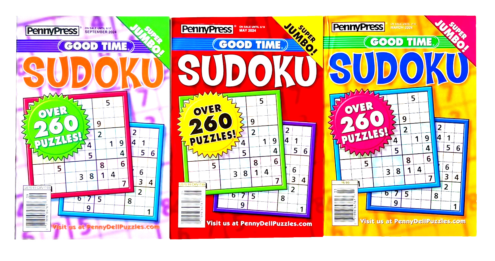 NEW Lot of 3 Penny Press Dell Sudoku GOOD TIME Puzzle Books, Over 260 In Each!