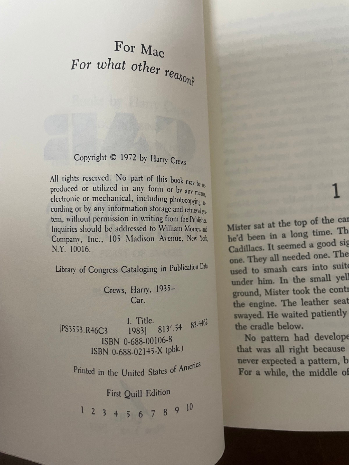 CAR: A NOVEL By Harry Crews – First Quill Edition paperback
