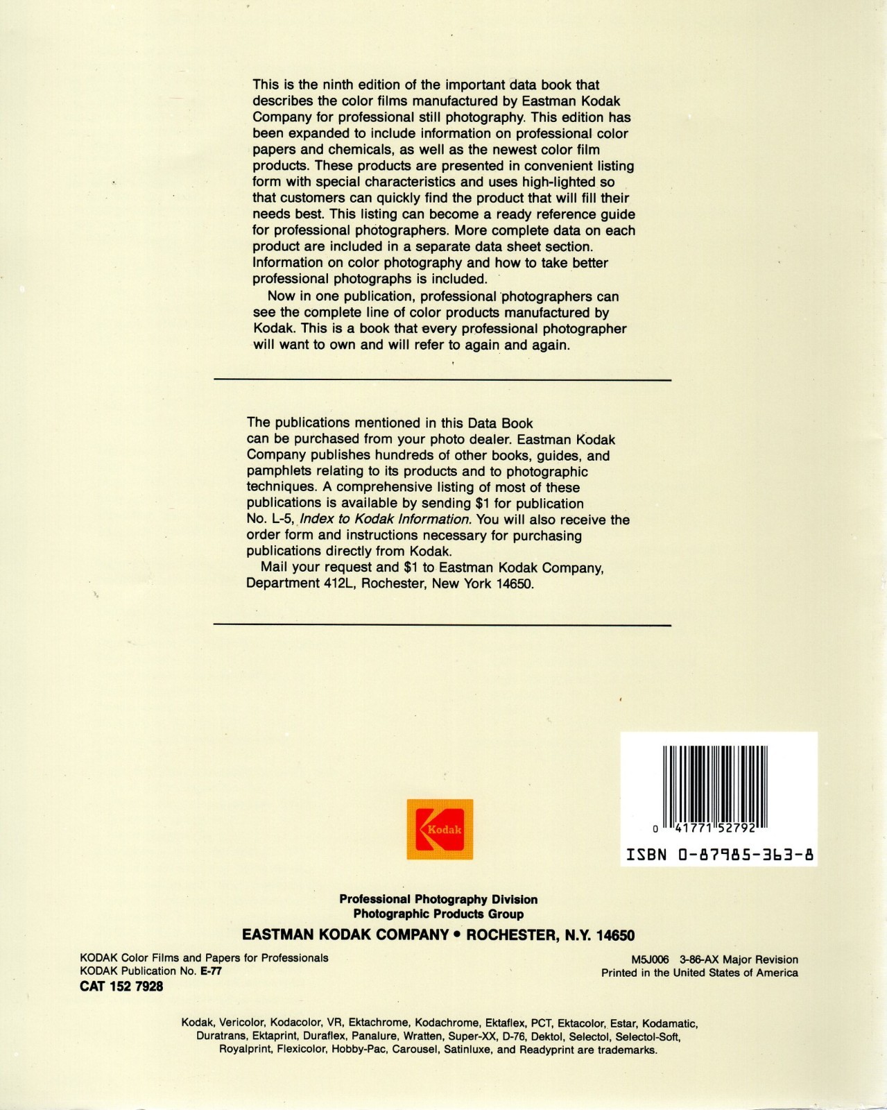 Kodak Color Films and Papers for Professionals (1986, Ninth edition/132 pages)