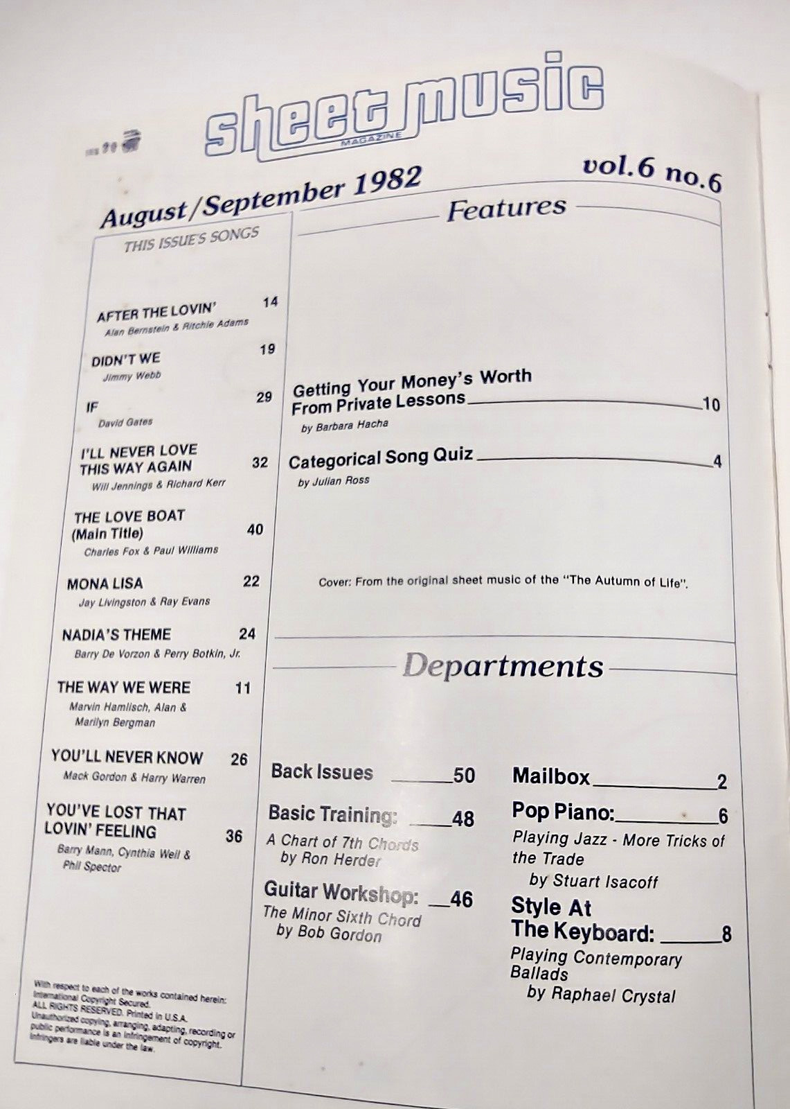 Sheet Music Magazine Standard Piano Guitar Back Issue August September 1982