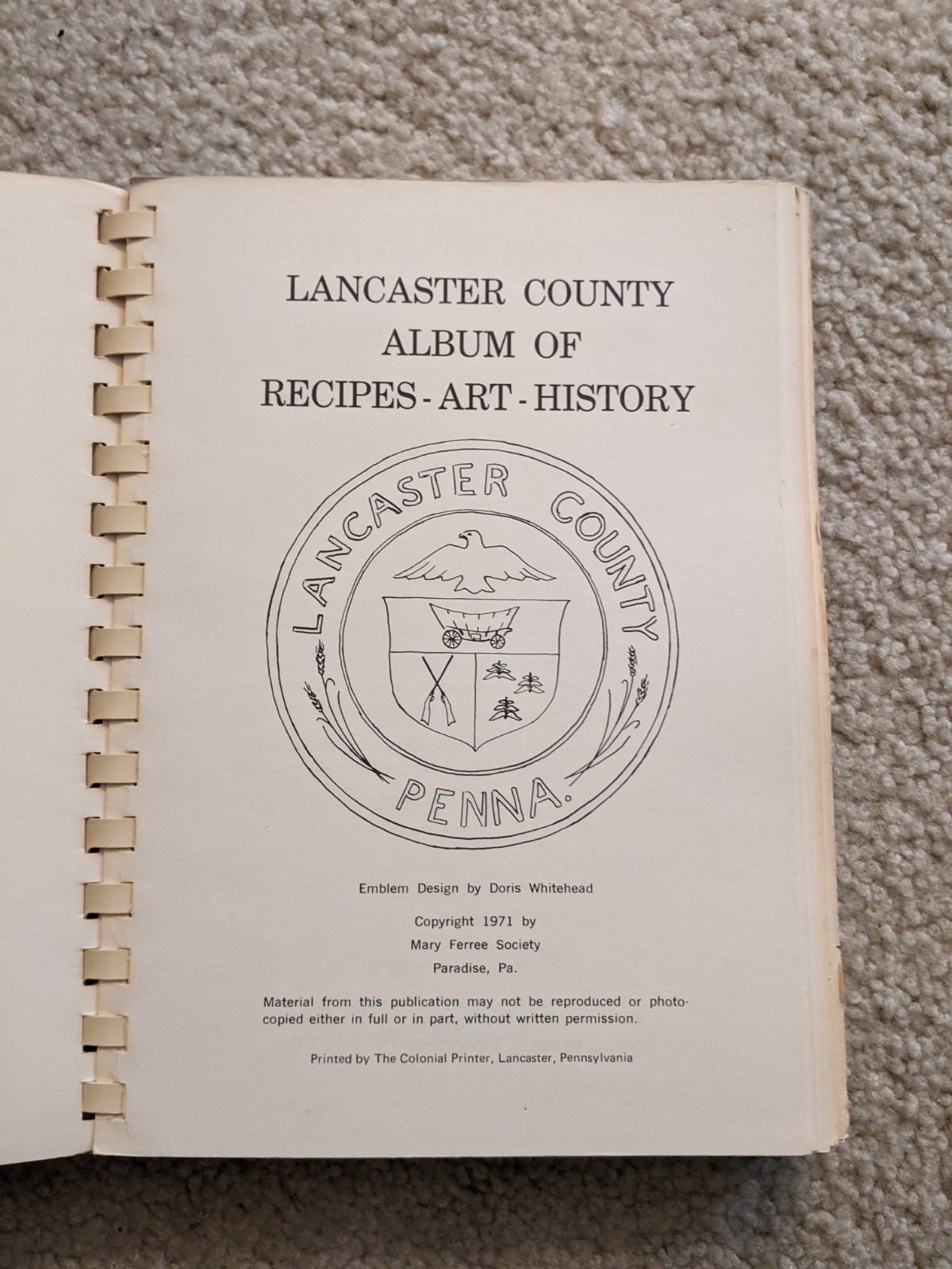 Album Of Lancaster County, PA 1971 Spiral-Bound Cookbook By Mary Ferree Society