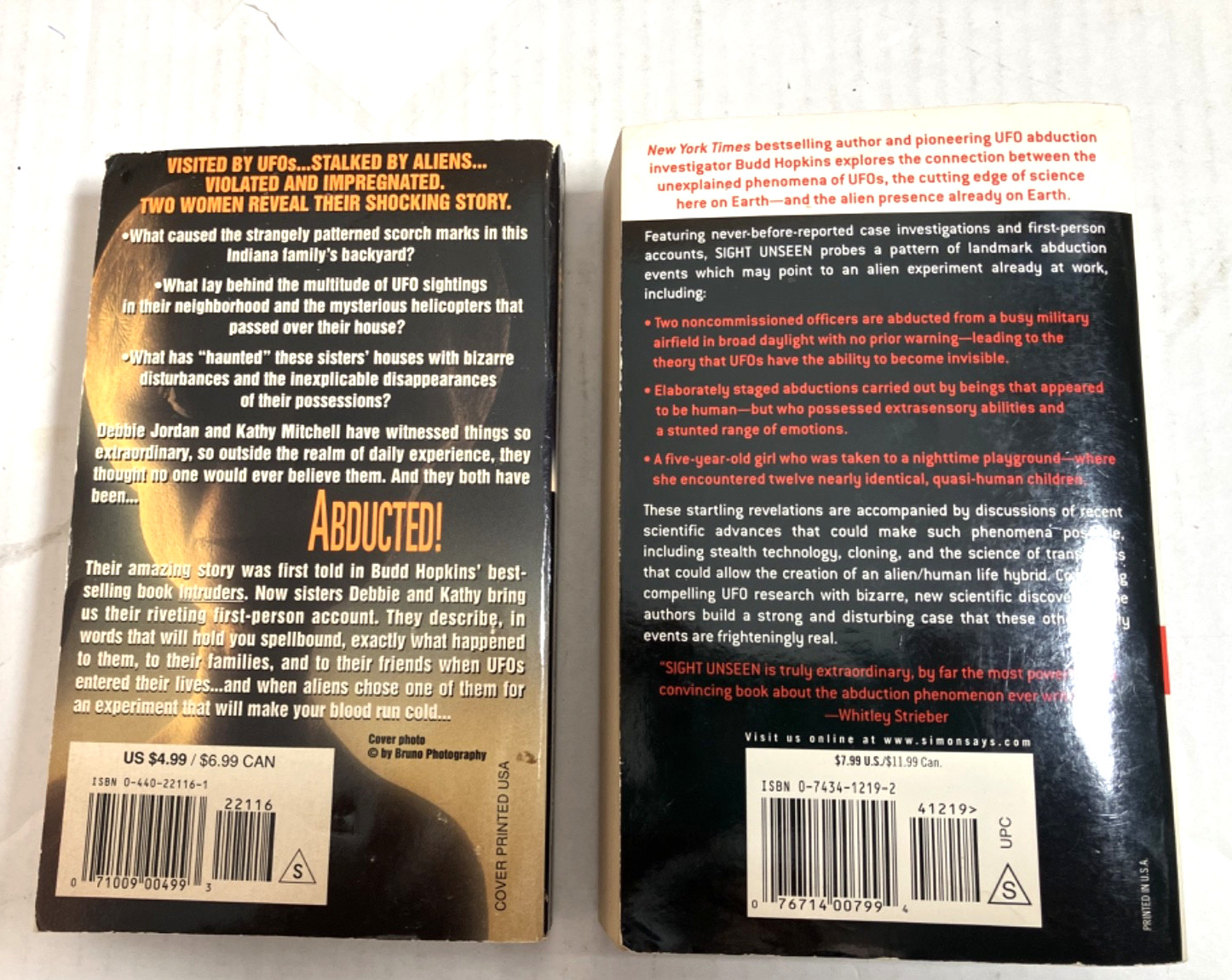 Lot of 3 UFO Books Time-Life HC + PB Abducted + Sight Unseen, Budd Hopkins