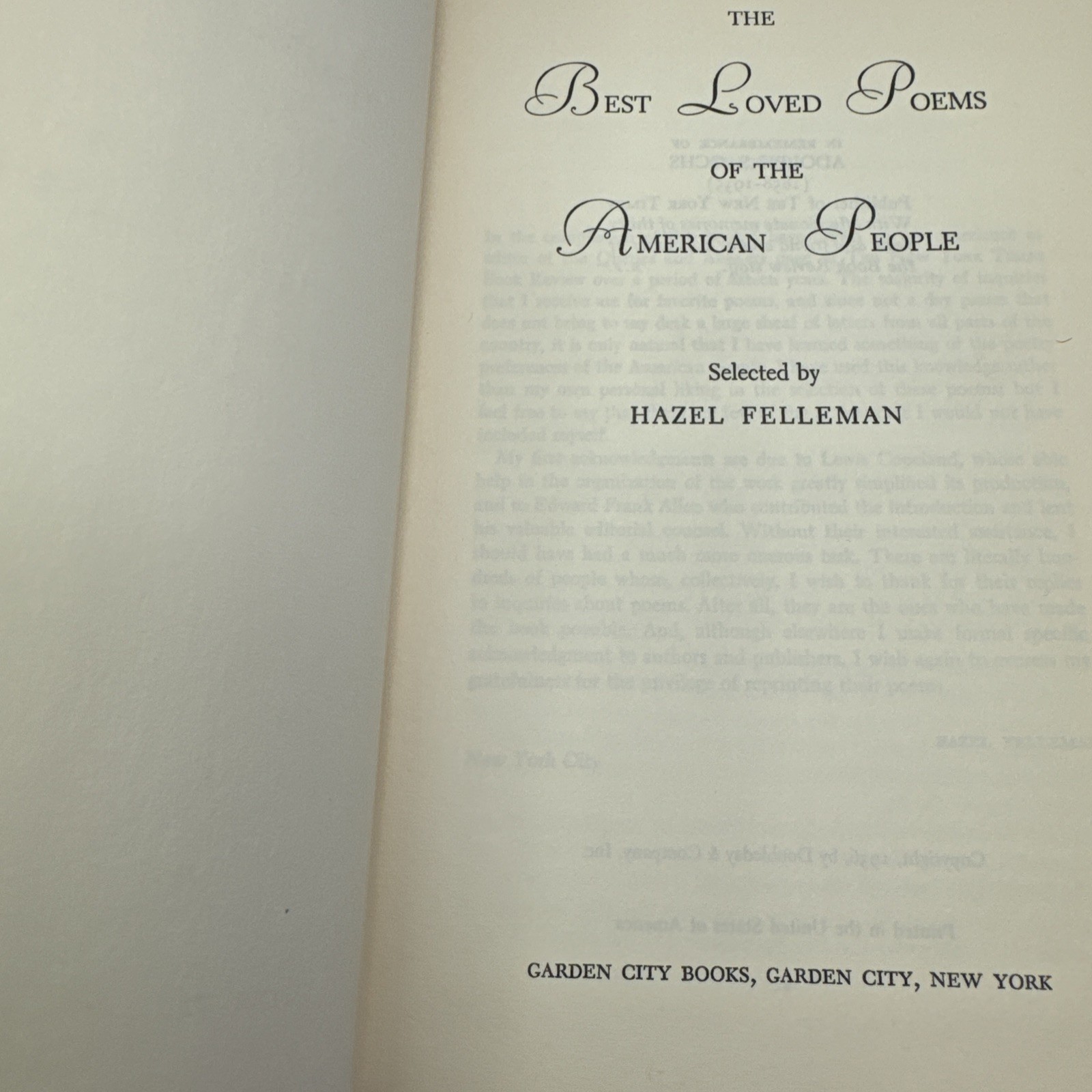 The Best Loved Poems of the American People Selected by Hazel Felleman c1936 HC