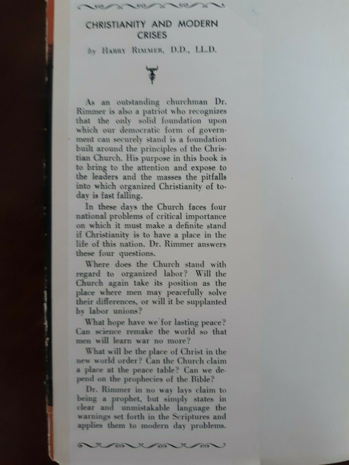 Christianity and Modern Crises by Harry Rimmer, D.D., LL.D. HC/DJ 1947