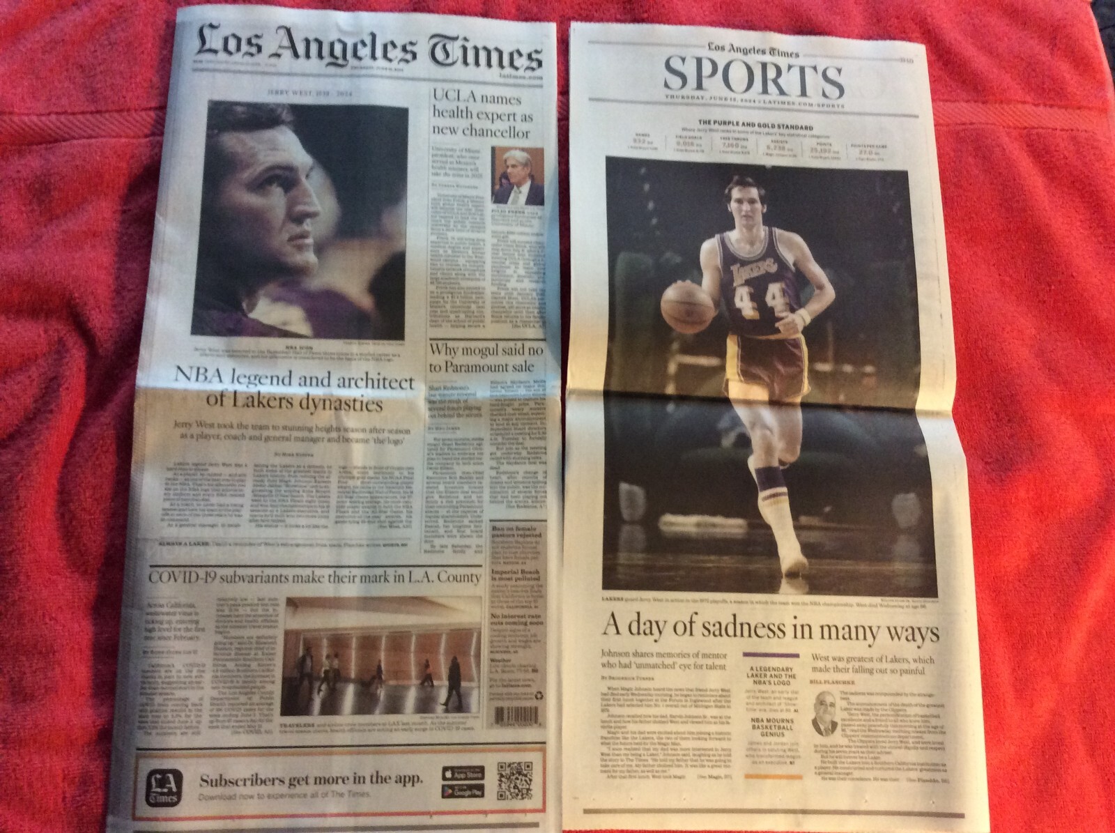 LOT OF 2 LA TIMES SPORTS 1938 – 2024 OBITUARY JUNE 13 2024 JERRY WEST LAKERS
