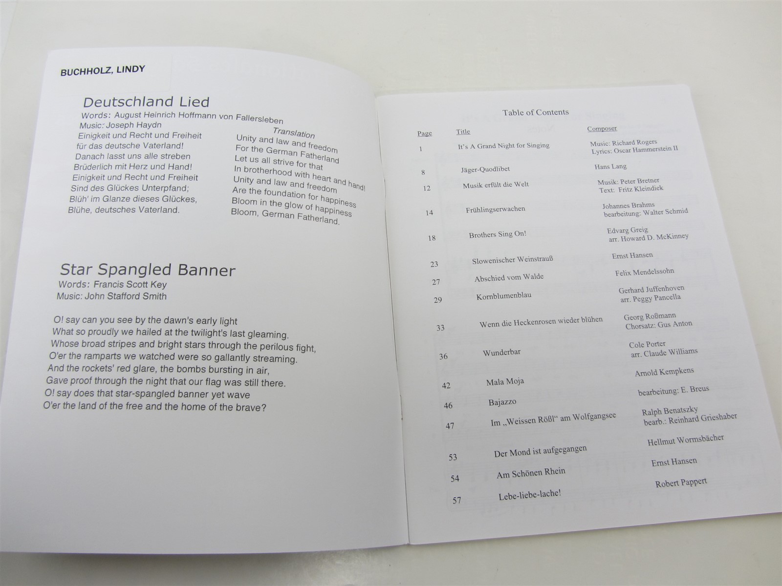 Nationales Sangerfest San Antonio TX 2010 SONG BOOK 58 pages 8.5″x11″