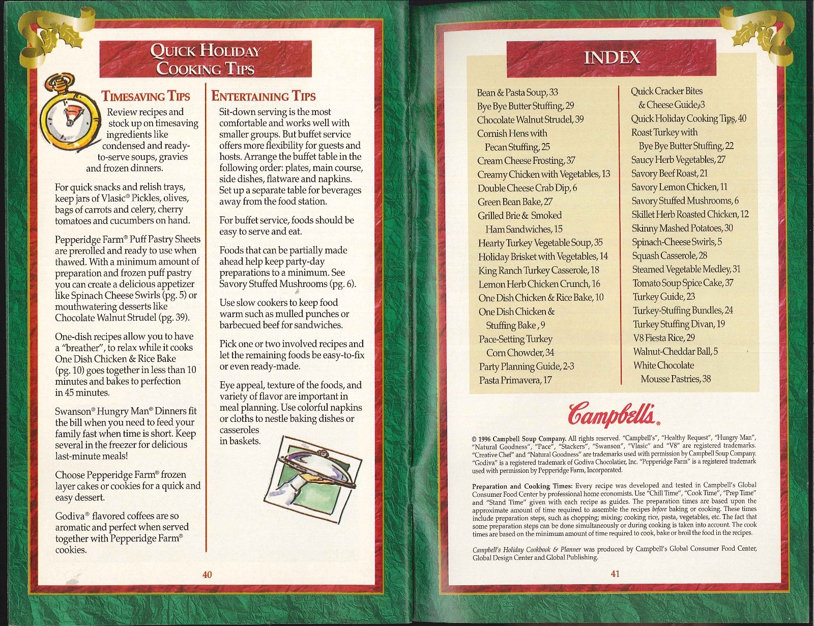Campbell’s Holiday Cookbook & Planner 1996 Timetable Coupons Cheese Guide