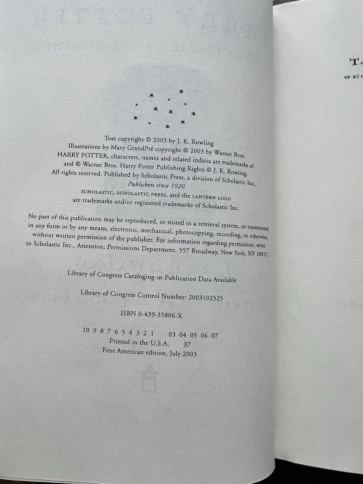 Harry Potter and the Order of the Phoenix by J. K. Rowling, 2003, 1st Print