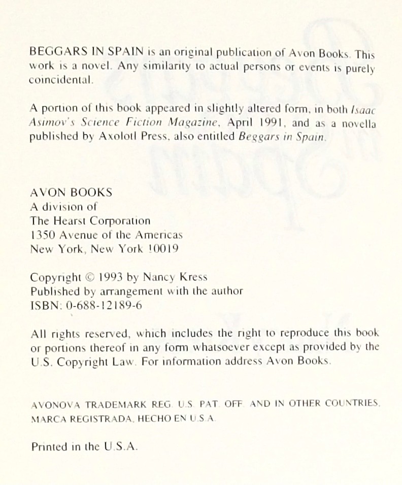 BEGGARS IN SPAIN: an SF novel by NANCY KRESS —AvoNova / William Morrow (1993)