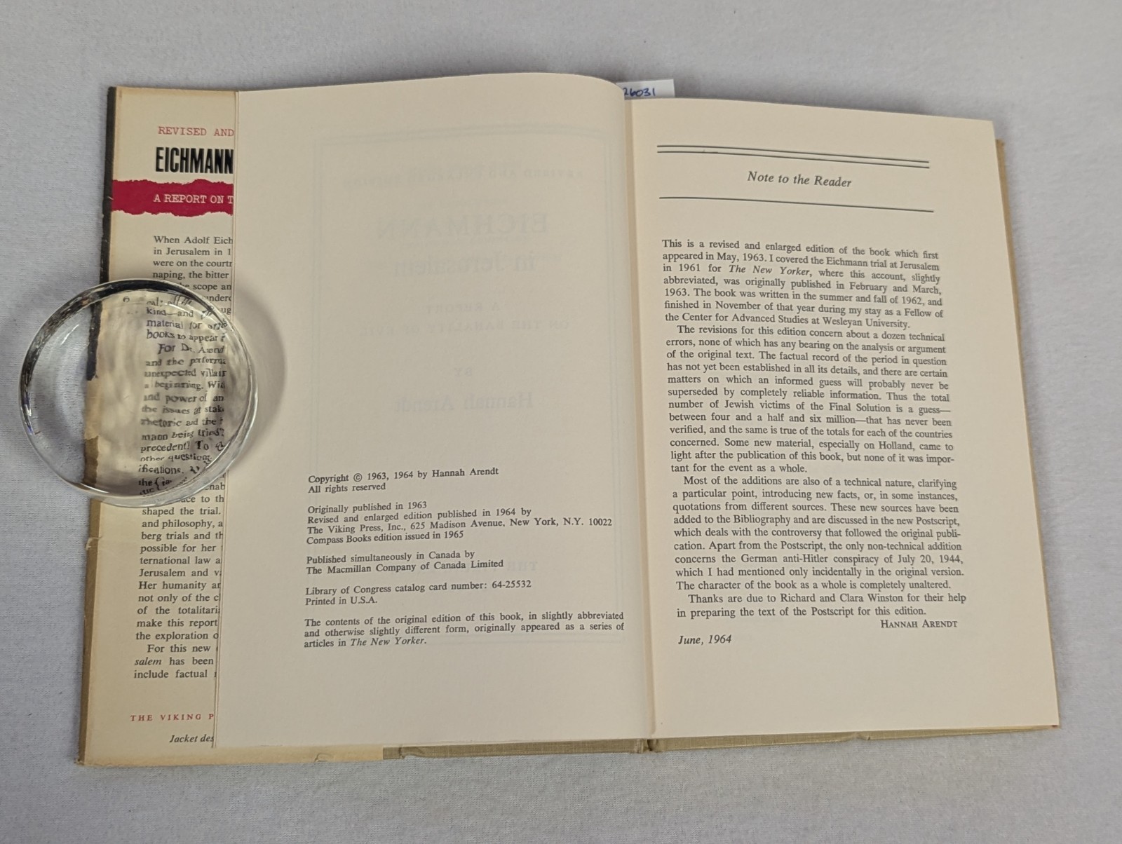 Hannah ARENDT ~ EICHMANN In JERUSALEM ~ Vtg 1964 HCDJ ~ Revised Enlarged Edition