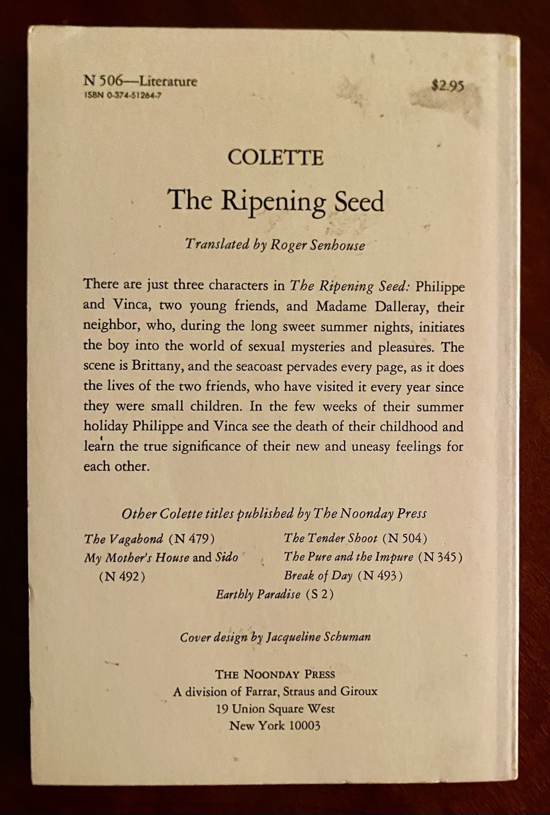 Colette The Ripening Seed Vintage Paperback, Noonday Press 1955 Translated