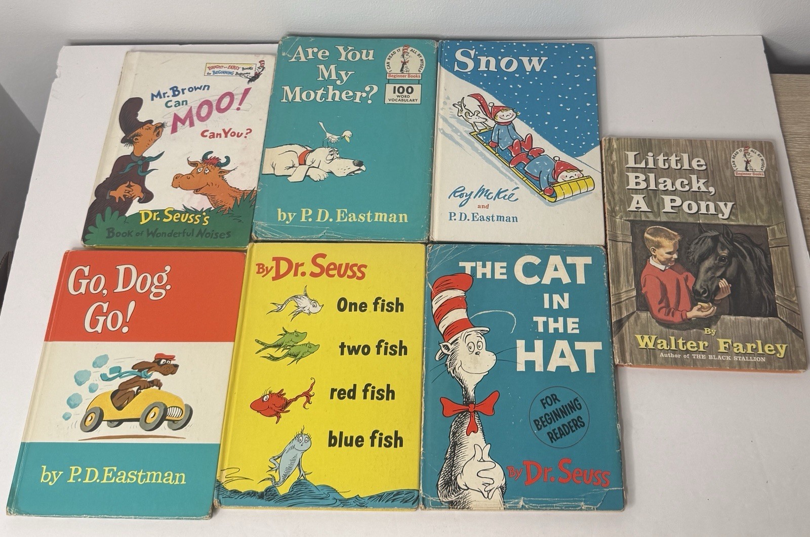VTG 70s Dr Suess 1st Edition Books Lot of 7 with 1975 Cat in the Hat Plush Toy