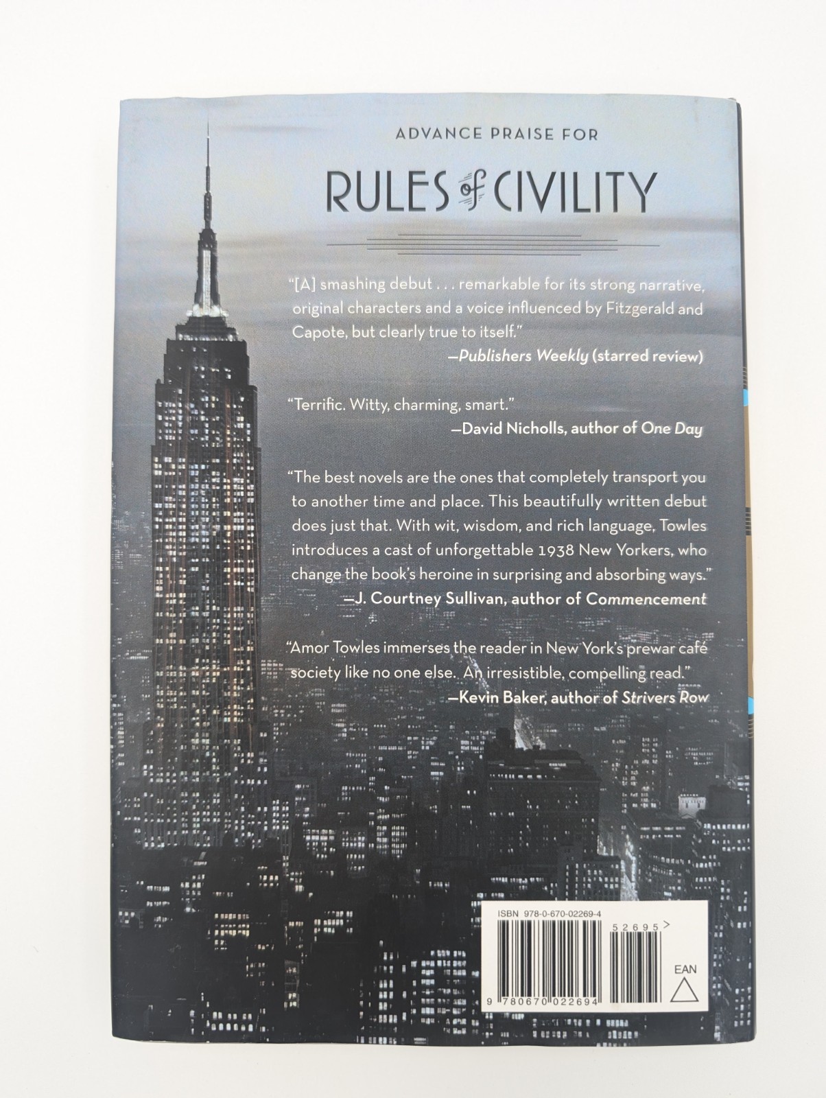 Rules Of Civility Amor Towles 1st First Edition Printing 2011 Hardcover Novel DJ