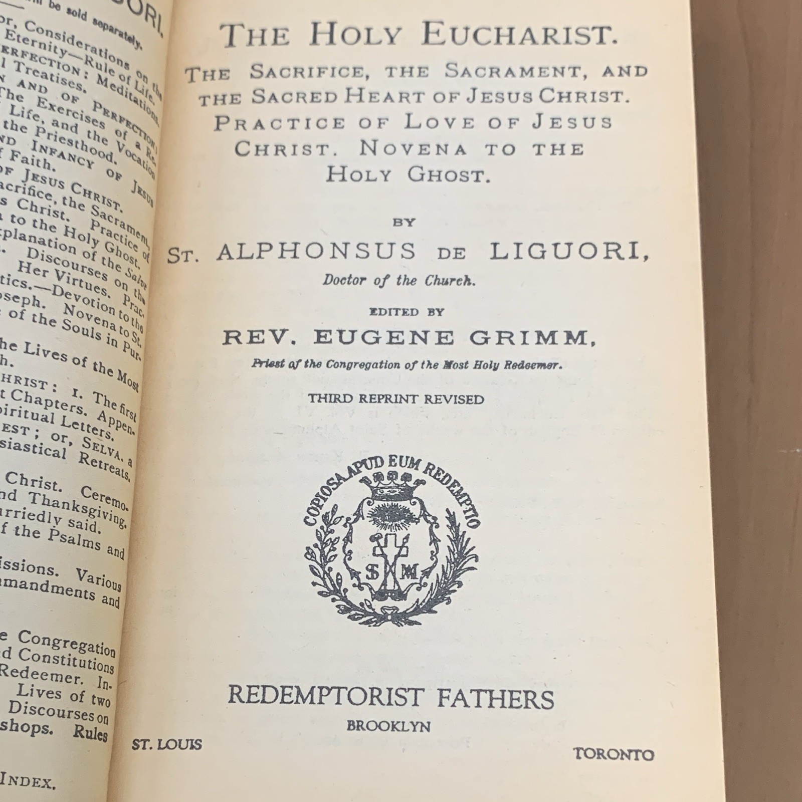 St. Alphonsus de Liguori The Holy Eucharist Paperback 1934 3rd Reprint Rev