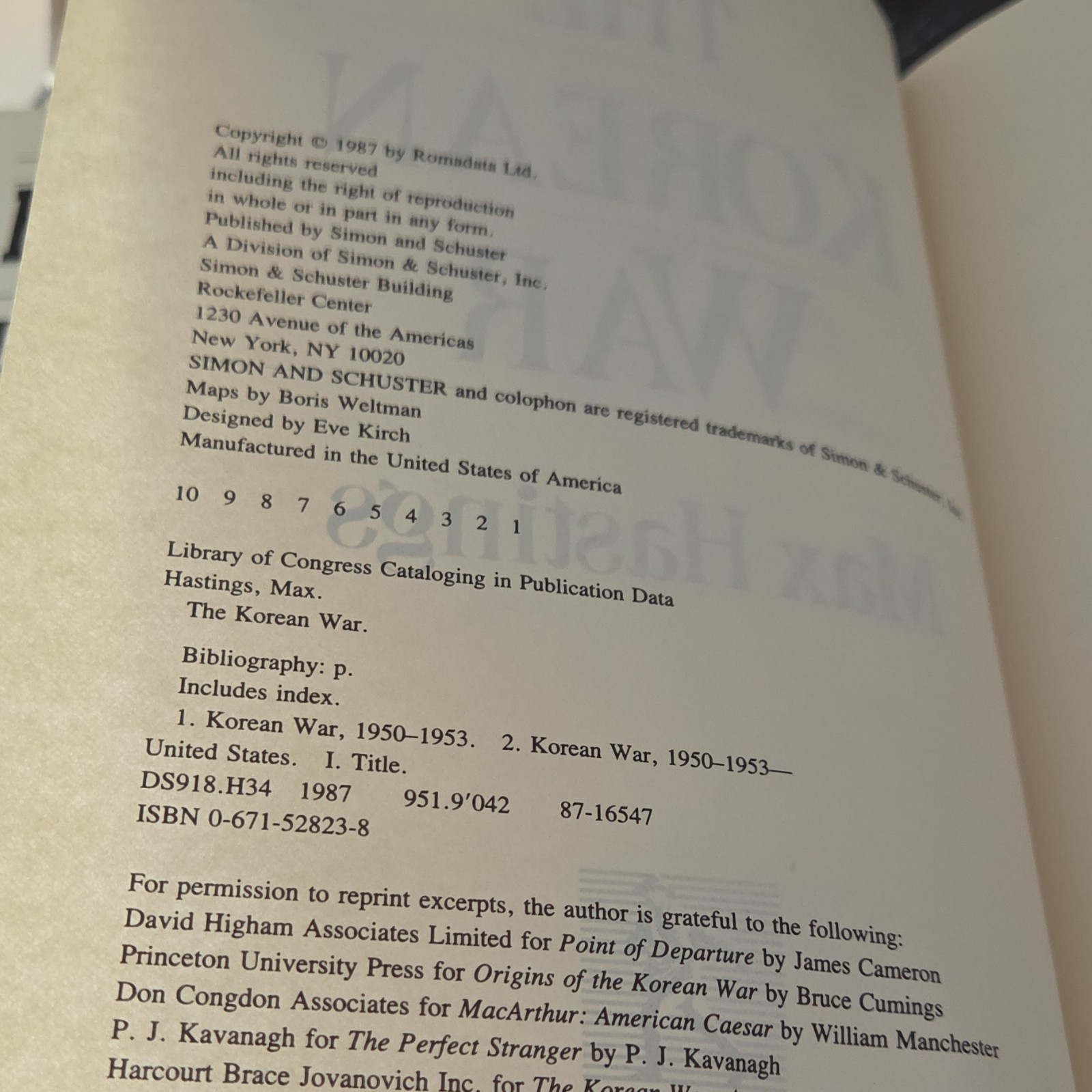 Max Hastings The Korean War HC 1987 Simon & Schuster Dust Jacket Index