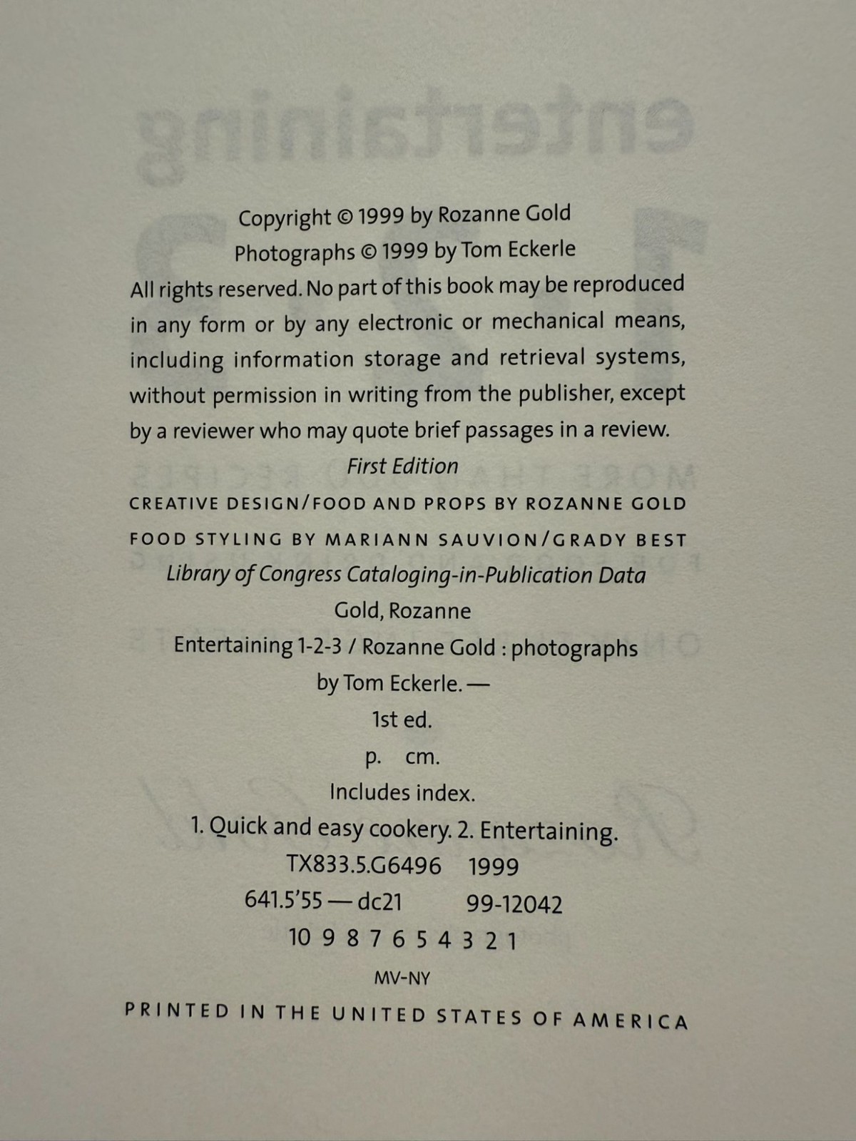 Entertaining 1-2-3 1999 by Rozanne Gold (more than 300 Recipes) Used Cookbook