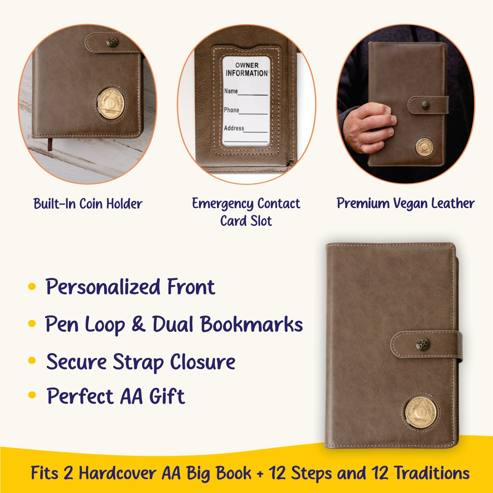AA Big Book Cover & 12 Steps Traditions Set, Fits 2 Hardcover Books, Coin Holder