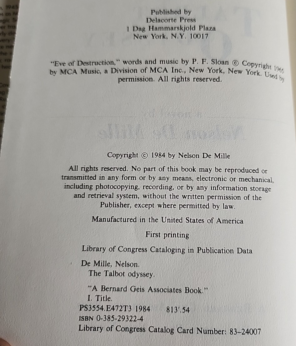 THE TALBOT ODYSSEY Nelson DeMille 1st Edition First Printing Hardcover Mylar DJ