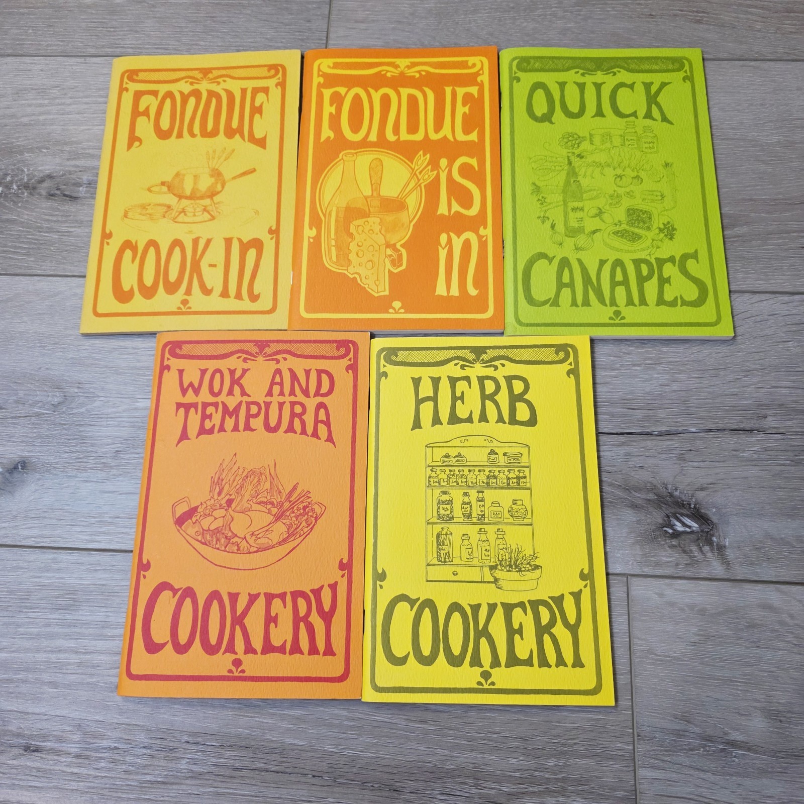 5 Vtg 60’s Cookery Potpourri Press Recipes Cookbooks Fondue Herb Wok Tempura