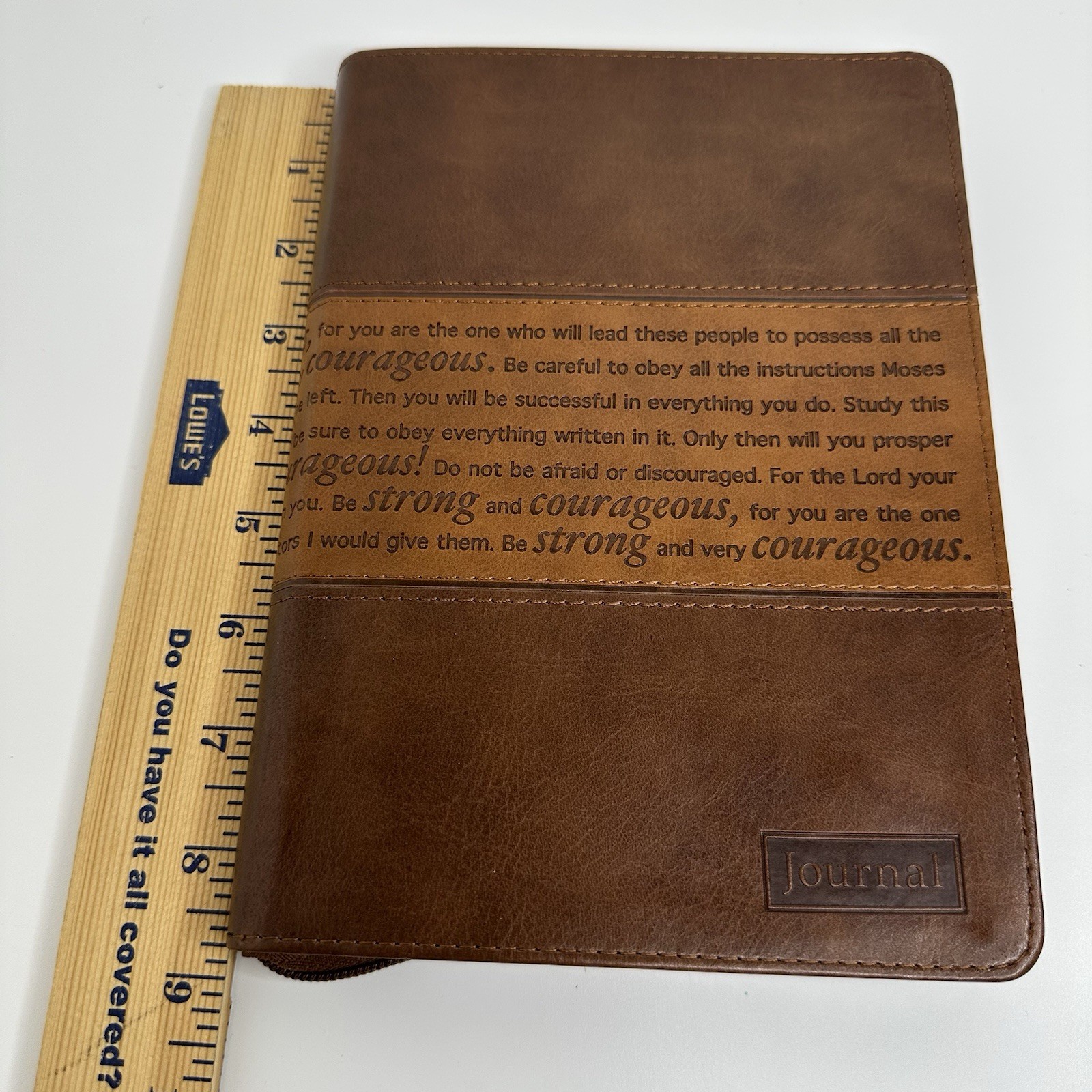 Strong & Courageous Journal Brown Vegan Leather Zip Lined Christian Art Gifts