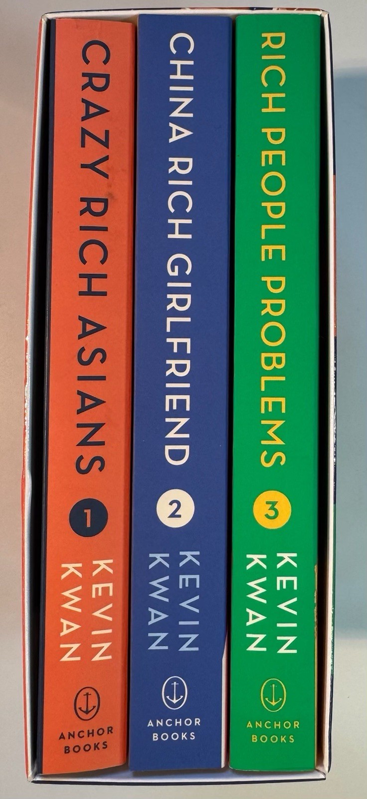 Paperback book box set titled ‘Crazy Rich Asians Trilogy’ by Kevin Kwan.
