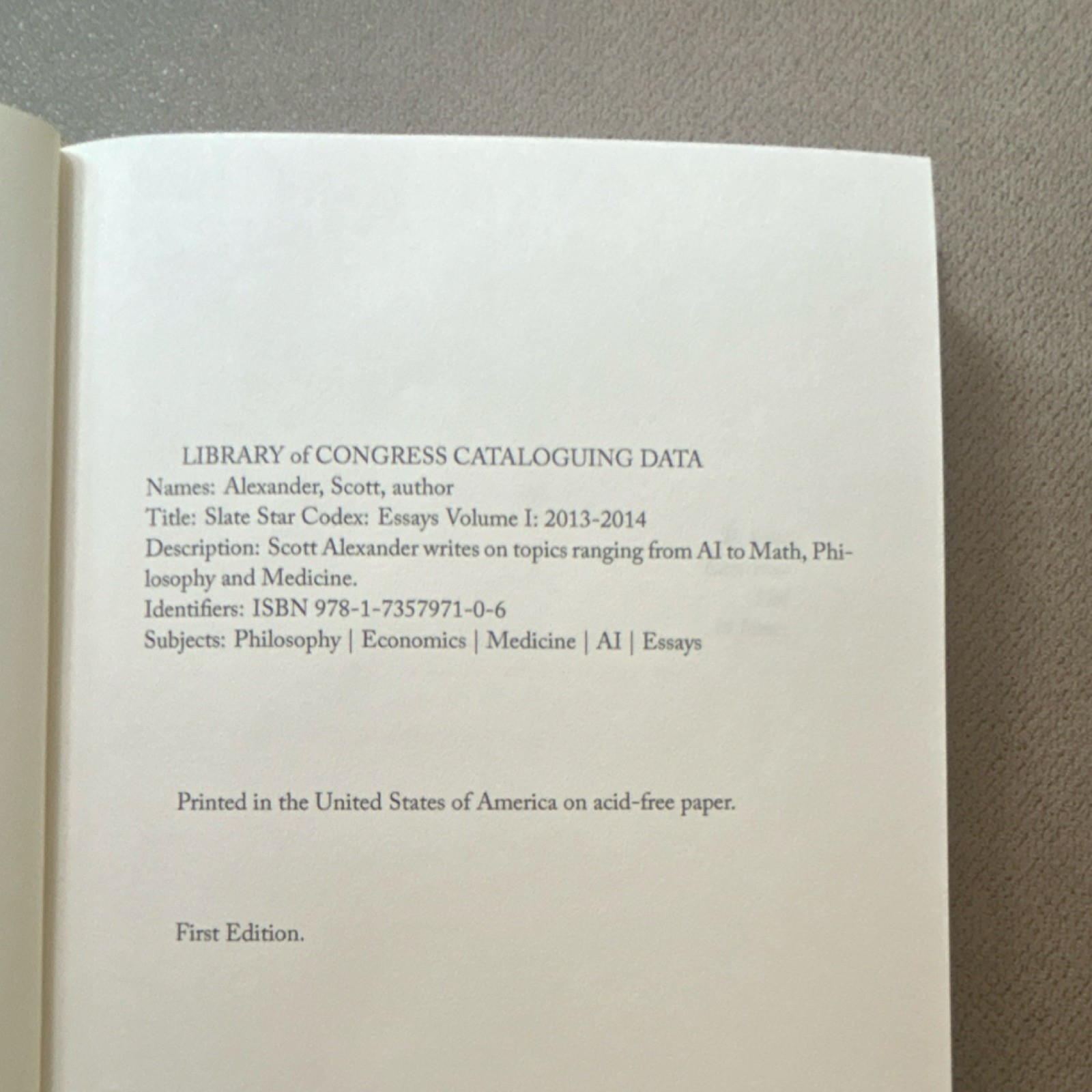 Slate Star Codex Essays Vol I Scott Alexander Hardcover First Ed AI Philosophy